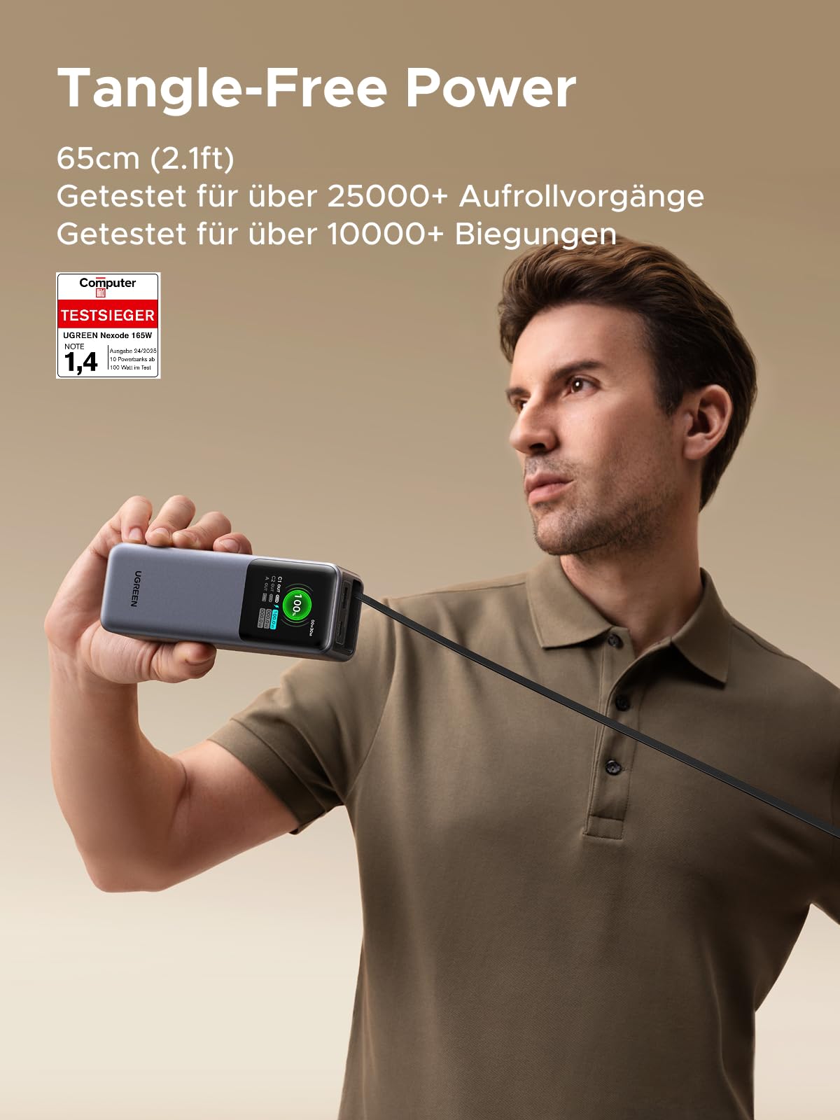 UGREEN Nexode Pro Power Bank 20000mAh 165W mit 65cm integriertem Kabel | 2x USB-C+1x USB-A, USB-C Port max. 100W, TFT Display, für Reisen/Büro, Laptop/Handy-Aufladung, Kompatibel mit MacBook, iPhone