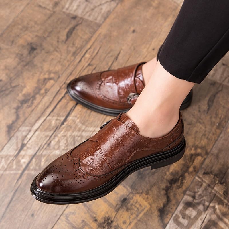 Men's Metal Monk Strap Dress Shoes Slip-On Formal Business Oxford Low-Top Pointed-Toe Casual Fashion Shoes3