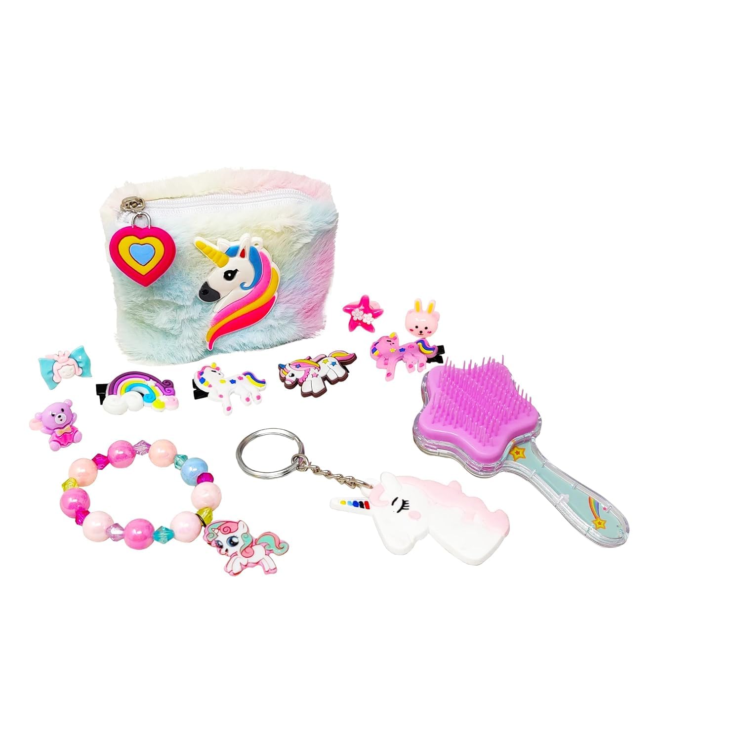 Combo Unicorn Fer Pouch with 4 Hair Clip, 4 Ring, 1 Bracelet, 1 Keychain and 1 Comb - Pack of 5 Items-image-28
