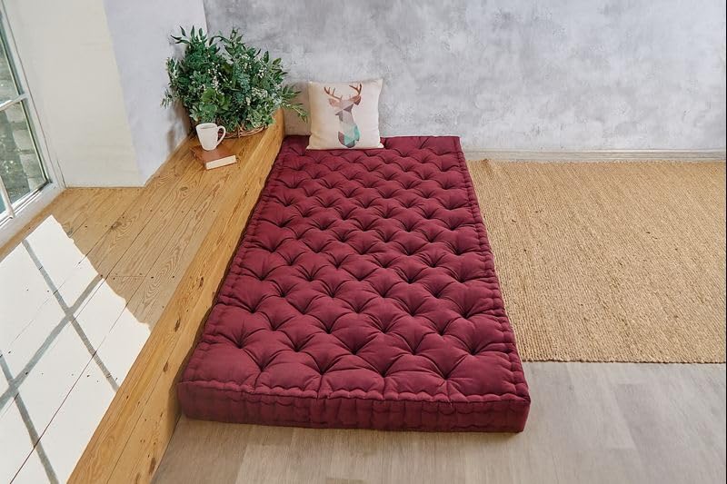 Image of ATOOTFUSION Cotton Floor Mattress, 4 inch Thick Tufted Cushion, 72 x 30 inch, Foldable, Rollable Light Weight Cotton Mattress (Maroon)