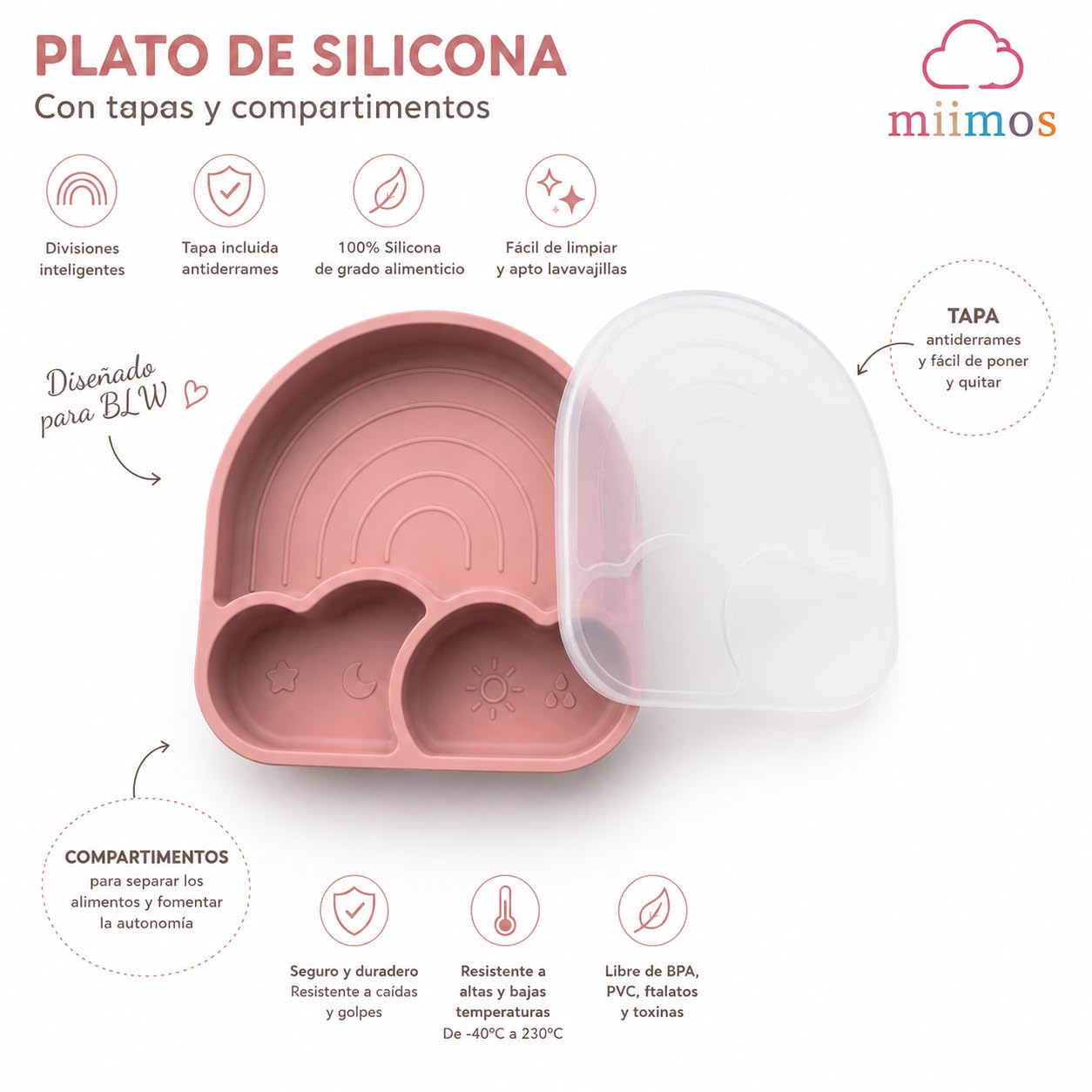 Vajilla Bebé Silicona BLW | Set Completo con Plato Ventosa Fuerte, Bol, Vaso, Babero, Cubiertos con Estuche y Tapete | 100% Silicona Alimentaria Libre BPA (ROSA)