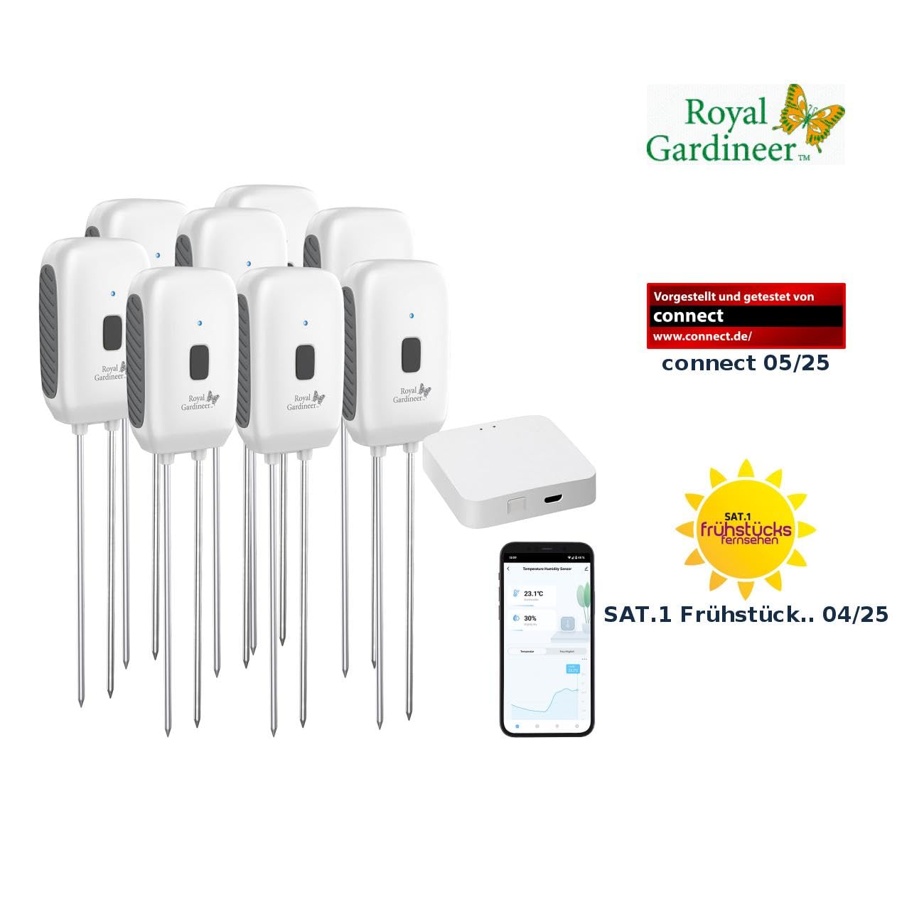 Royal Gardineer Bodentemperatur Sensor: 8er-Set Boden-Feuchtigkeits-&Temperatur-Sensoren mit WLAN-Gateway, App (Feuchtigkeit Messer Temperatur, Feuchtigkeitsmesser Pflanzen Smart)