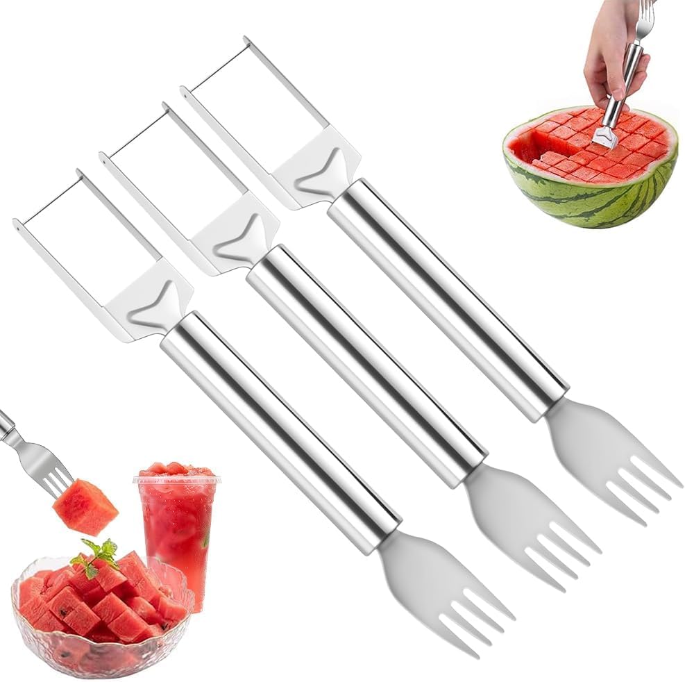 2-in-1 Stainless Steel Fruit Cutter, Watermelon Slicer with Fork, Dual Head Watermelon Fork Slicer Tool for Cubes, Fruit Knife with Round Handle for Home Kitchen, Picnic &amp; Party (3PCS)