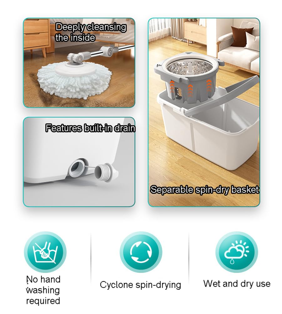 Sistema de fregona giratoria y cubo para una limpieza fácil en el hogar | Mango telescópico ajustable, 2 cabezales de fregona de microfibra, varilla giratoria de acero inoxidable