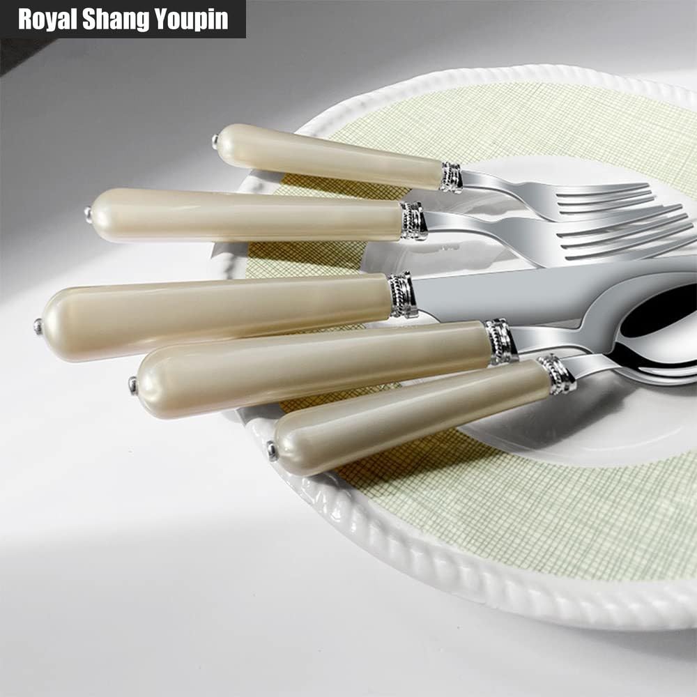 ABS Perle Poignée Cuisine Acier Inoxydable Argenterie Vaisselle Couverts Ensemble De Couverts Couteau À Steak Fourchette Cuillère Cuillère À Café Ustensiles (Beige,20 pièces)