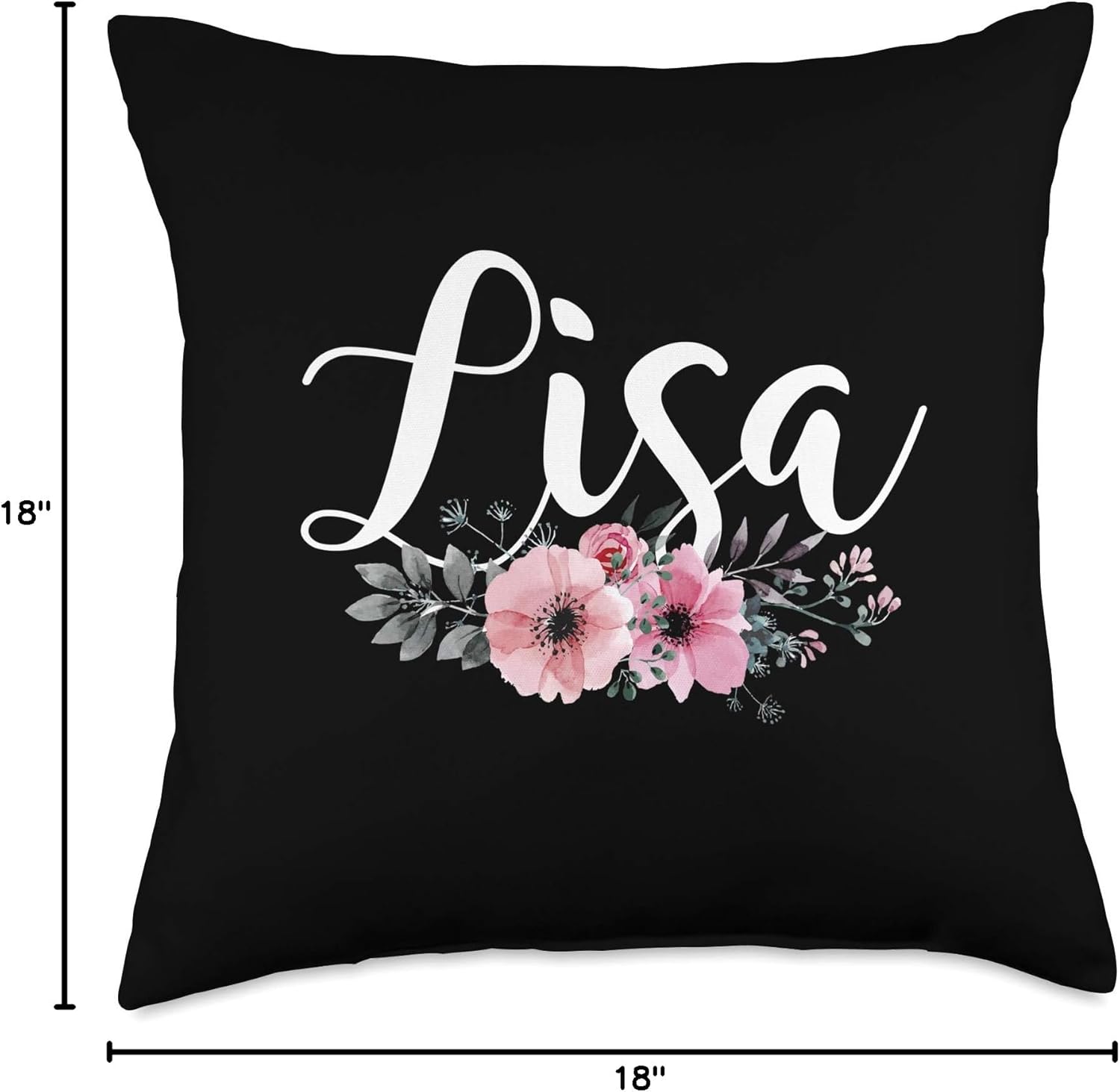 Lisa Name Personalized Floral Pink Black Women Girls Gift Throw Pillow