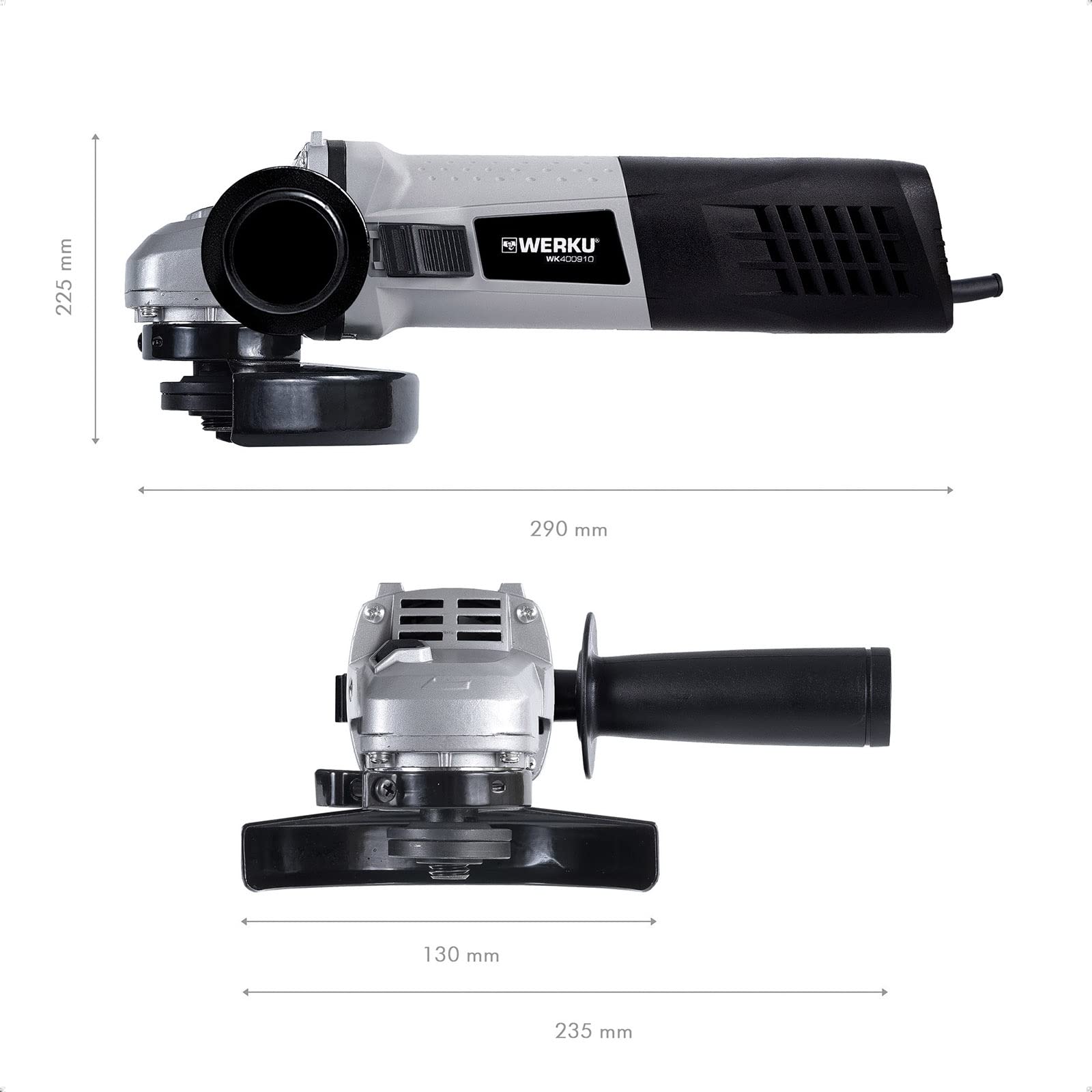 Werku WK400910, Amoladora Ángulo, Calidad Profesional, Potencia 1100 W, Disco 125 mm, Mango Principal Slim-Fit, Incluye Mango Auxiliar