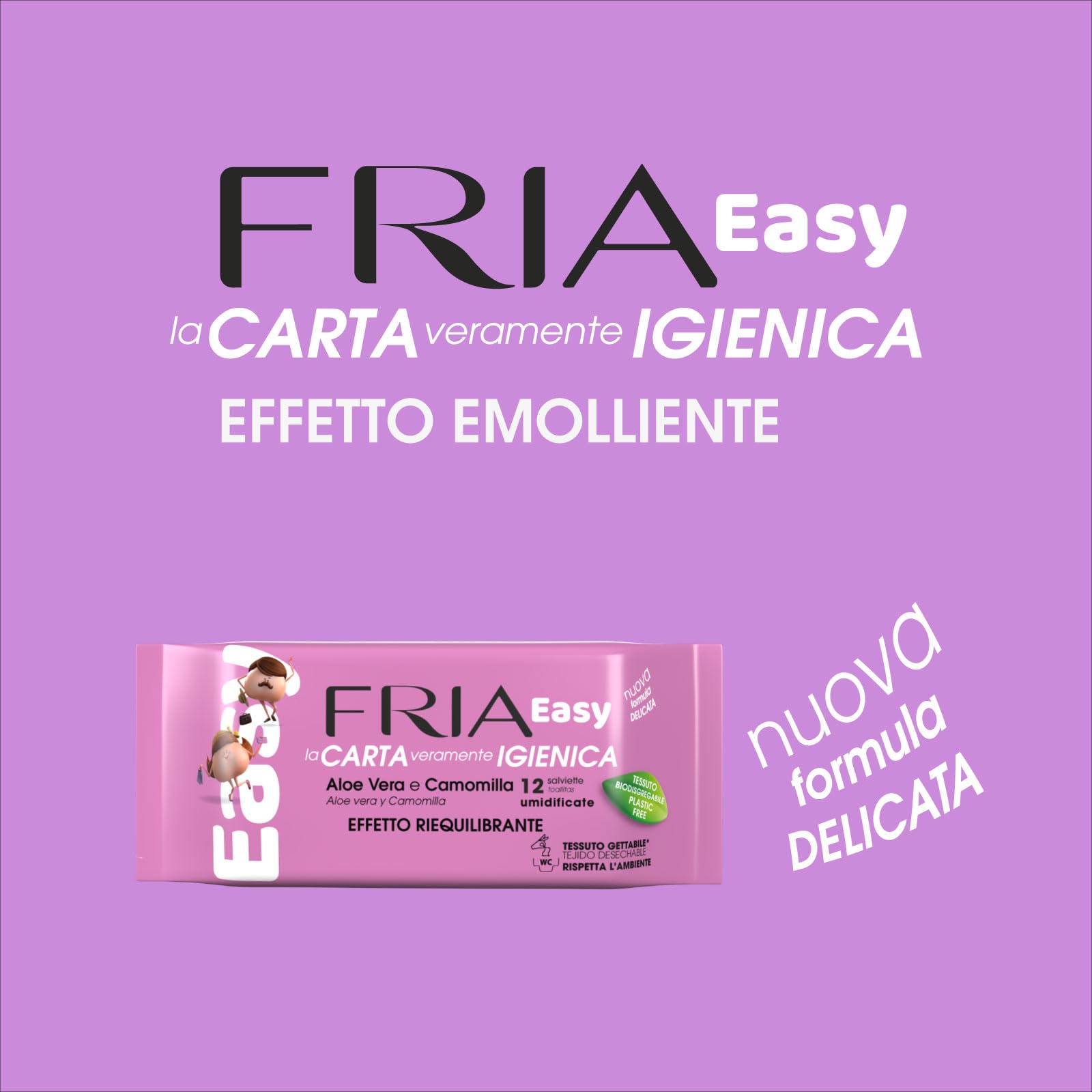 Fria Easy Carta Igienica Umidificata con Aloe Vera e Camomilla, Tessuto Gettabile nel WC, Dermatologicamente Testate, Confezione Tascabile da 12 Salviette