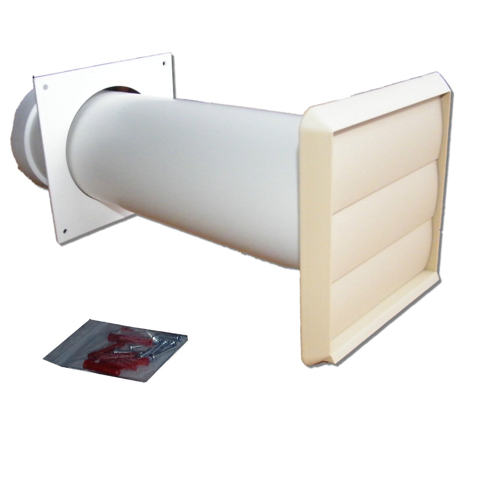 Beige / Buff Tumble Dryer Through Wall Core Vent Kit - Gravity Style Vent With 100Mm 4" Round Tube With Threaded Hose Connector To Connect Flexible Tumble Dryer Hose.