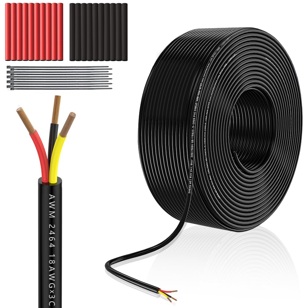 18 Gauge 3 Conductor Electrical Wire 20ft Black 18/3 Extension Cable ，Waterproof for Automotive LED Landscape Lighting