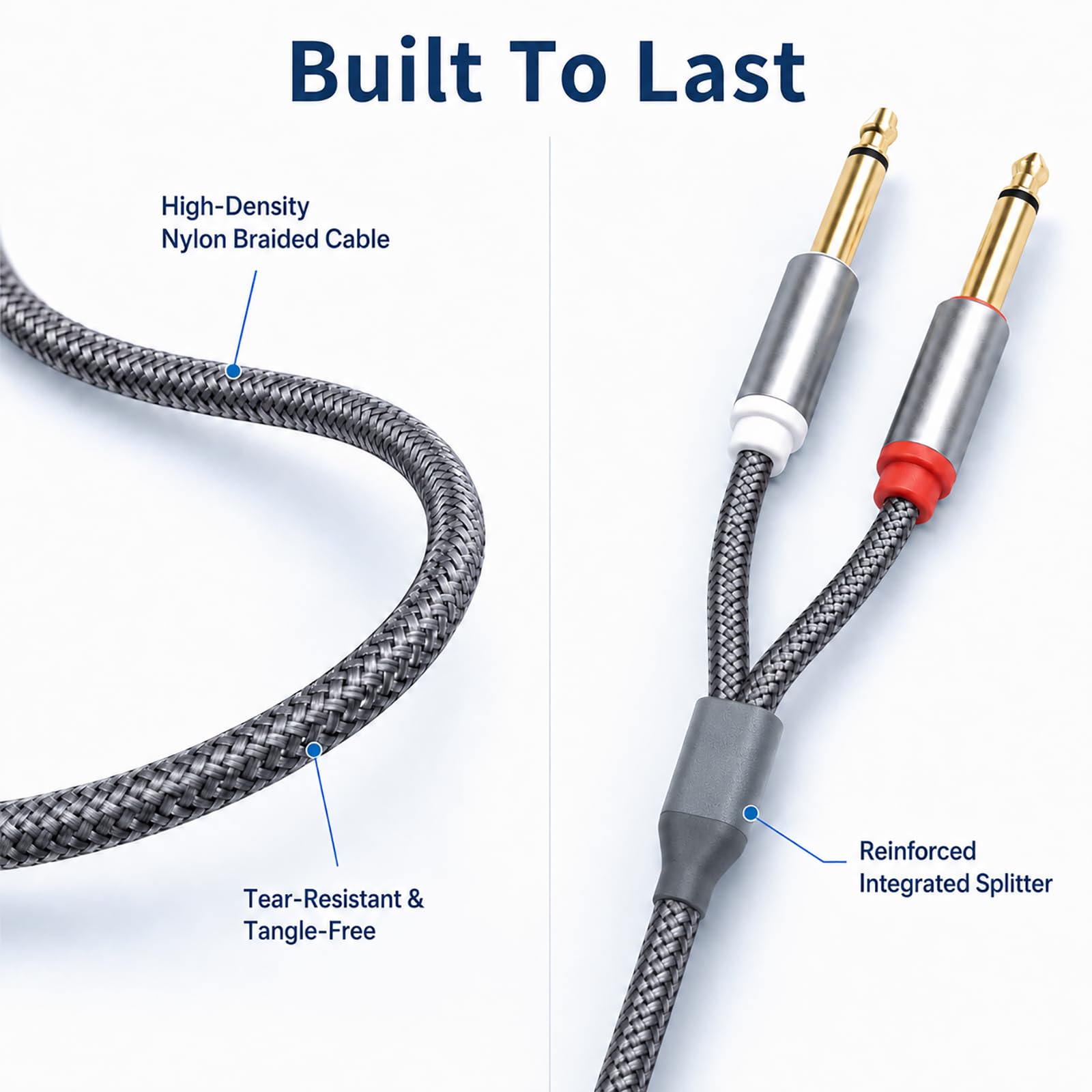 Audiokabel, 3,5 mm TRS auf Dual 6,35 mm TS Mono, Y Splitter, Stereo-Adapter, Nylon, geflochten, 3,5 mm auf 2 x 6,35 mm Stecker, vergoldet, für Mischpult, Verstärker, Gitarre, Klavier, Home Studio, 1 m