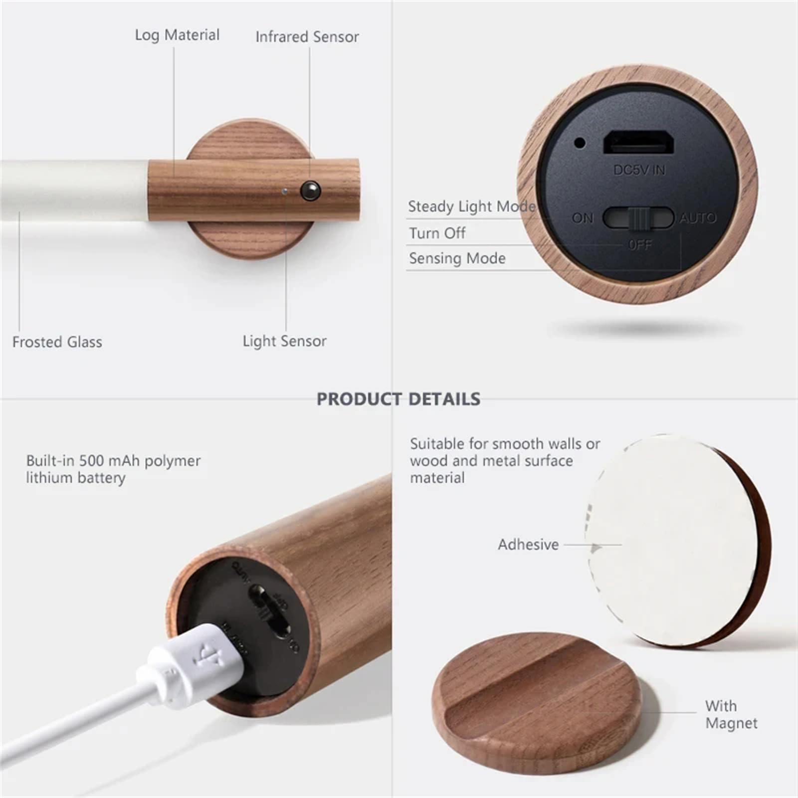 Wewnętrzna lampka nocna LED z czujnikiem ruchu, drewniana lampa ścienna, magnetyczna, ładowana przez USB, bezprzewodowa bateria, kinkiety z przełącznikiem, sypialnia, klatka schodowa, pokój dziecięcy,