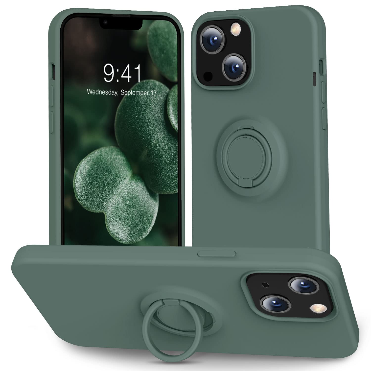 YEQOO Compatible with iPhone 13 Case [Liquid Silione with Kickstand] Soft Microfiber Lining | Anti-Scratch Thickening Gel Rubber Drop Full-Body Protection Cover Case - Pine Green