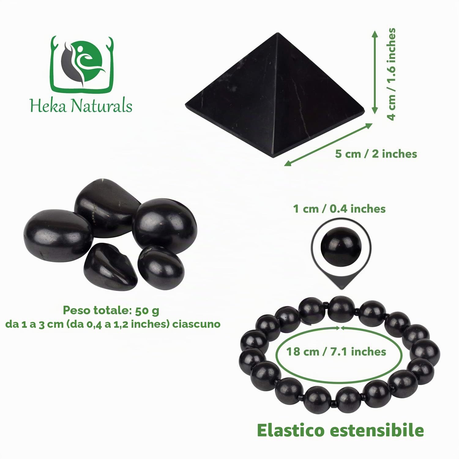 Heka Naturals Piramide di Shungite Lucidata (5 cm), Bracciale Elastico e Pietre Burattate | Decorazioni per la Casa, Purificazione dell'acqua, Disintossicazione, Gioielli Chakra