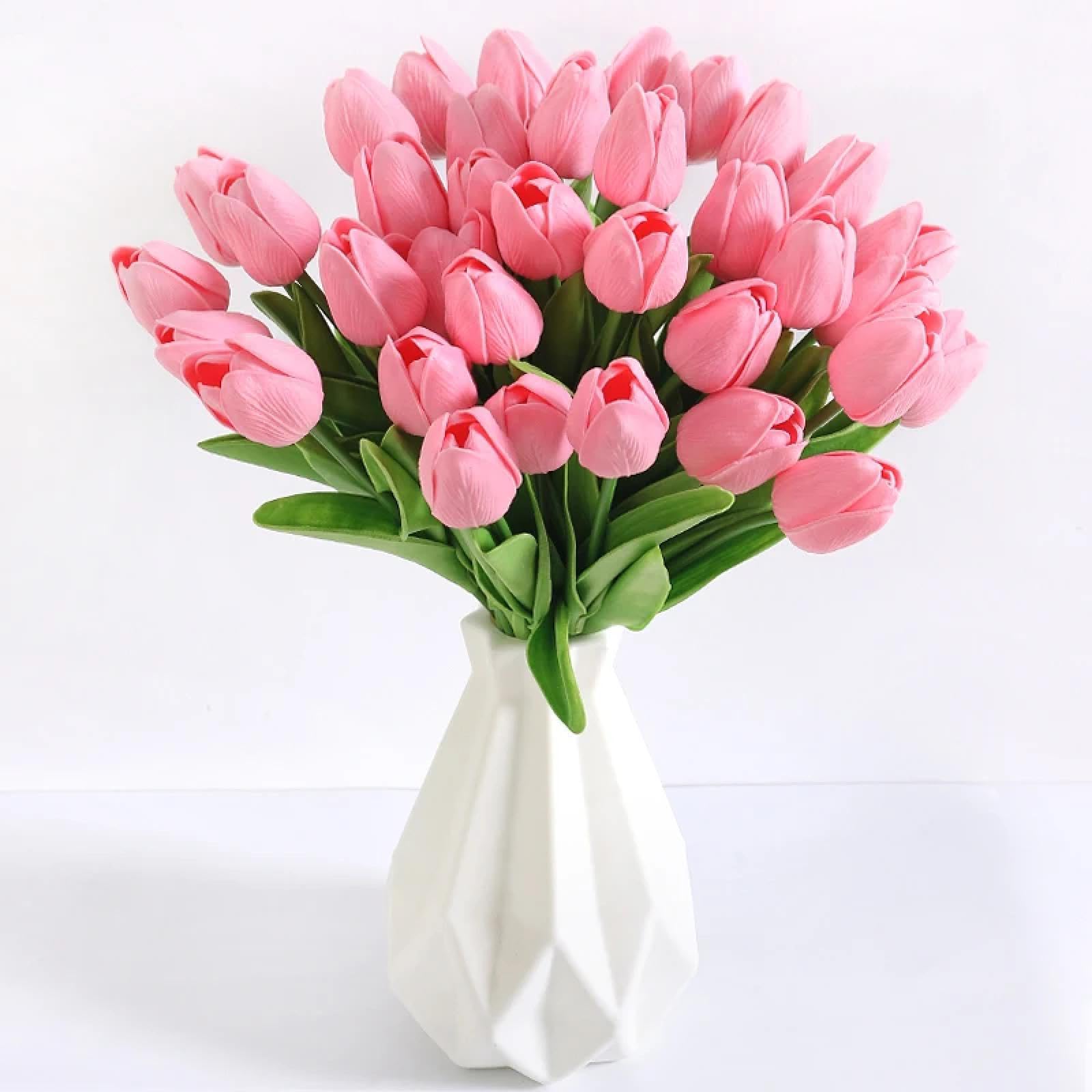 Żywy wielokolorowy 33 cm sztuczny bukiet tulipanów, prawdziwe kwiaty do domu, biura, wesela, dekoracje wielkanocne (20 szt./ciemny róż)