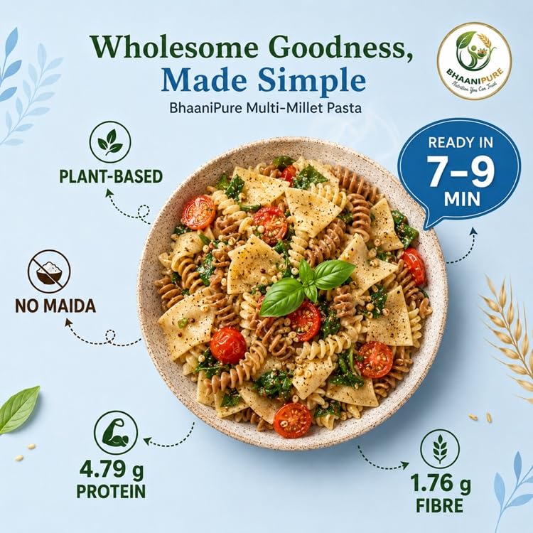 Image of High Protein Multi-Millet Fusilli Pasta | Gluten Free | No Maida | Quick Cooking | Non-Sticky | 250Gms