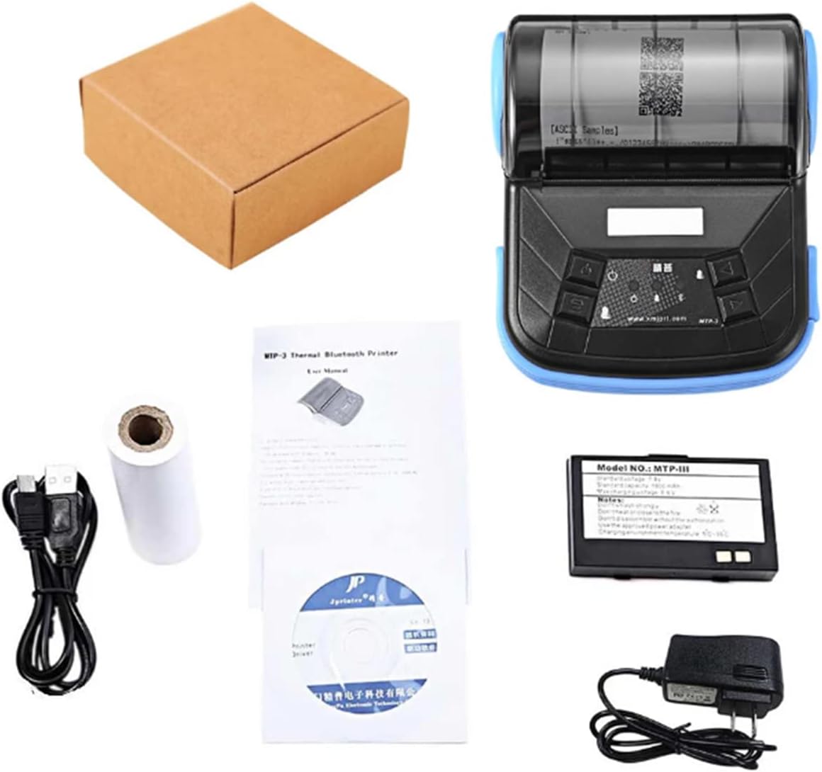 Contents of the GOOJPRT MTP-3 printer box, including the printer, manual, paper, USB cable, adapter, and battery