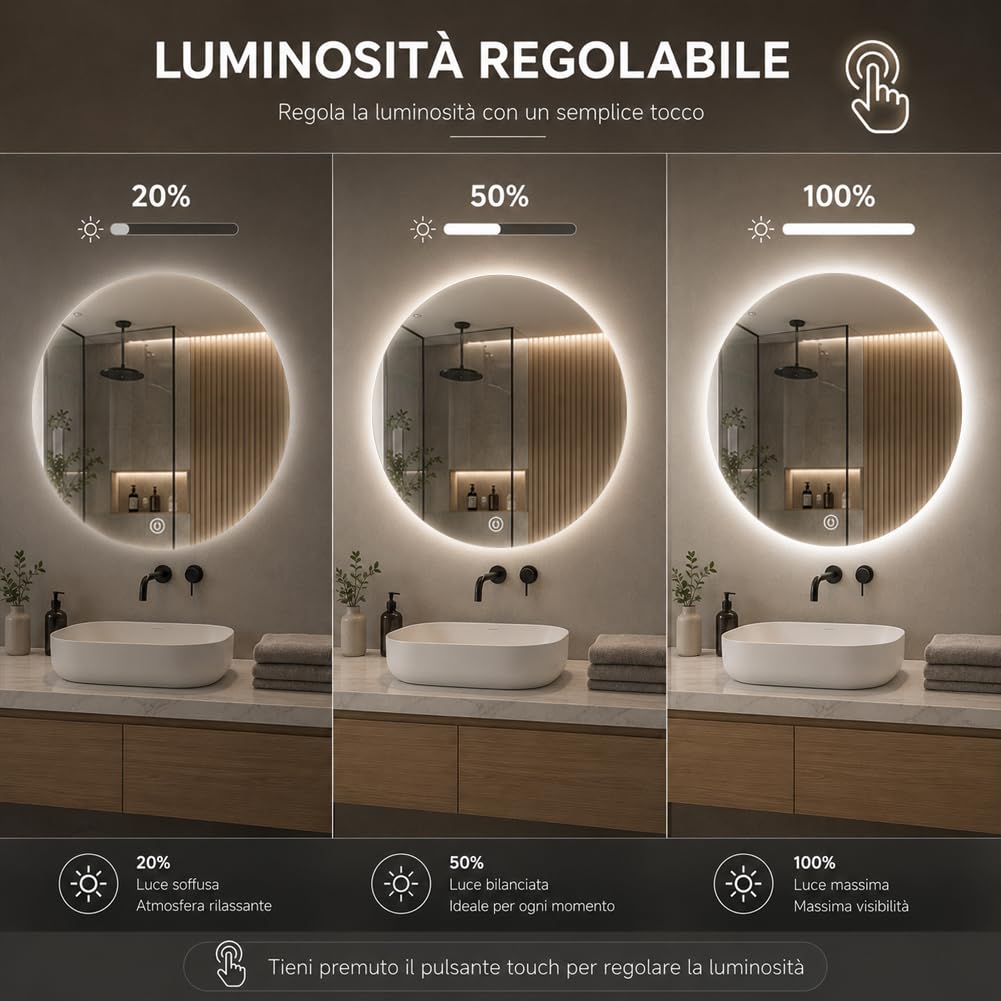 Shally Dogan Specchio Rotondo da Parete con Led Dimmerabile a 3 Colori, Bianco Freddo, Caldo e Naturale, Accensione con Touch, Decorazione da Muro Design Moderno e Salvaspazio, Diametro 60 cm