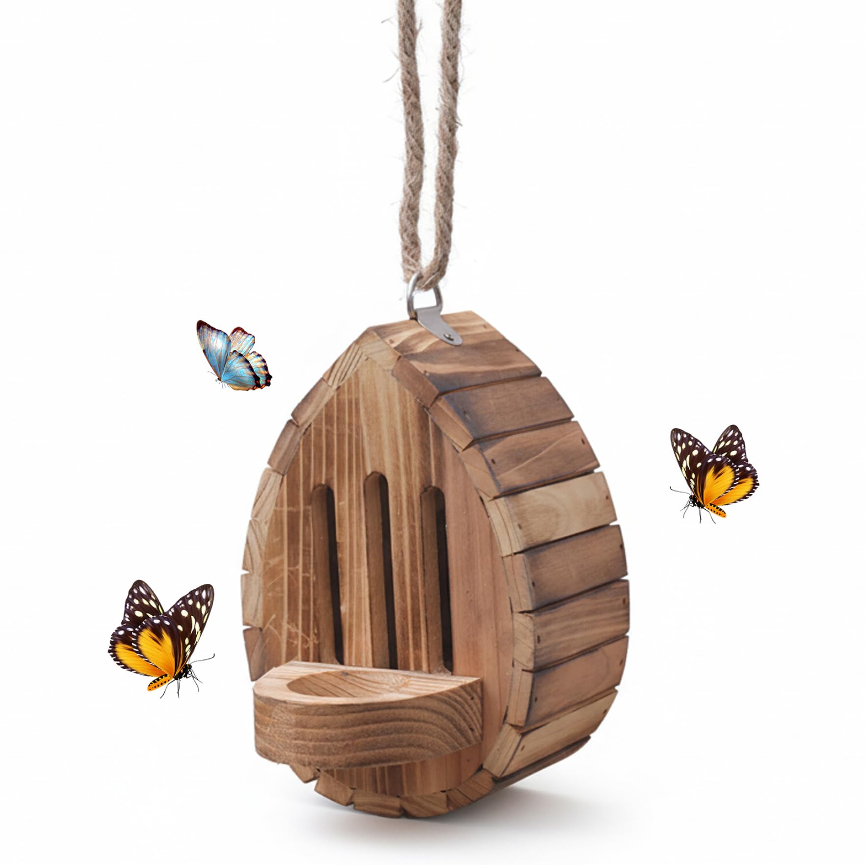 Butterfly Habitat, Teardrop-Shaped Wooden Butterfly House for Outside Habitat & Feeder with Rope for Garden Decor