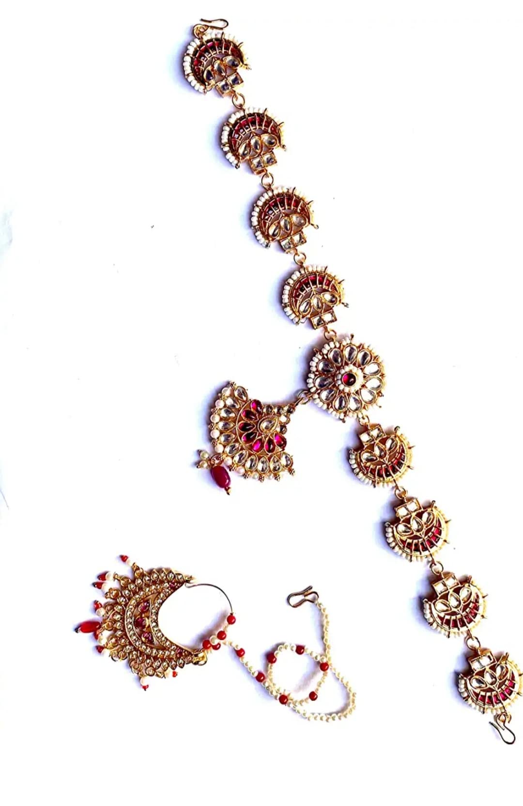 NIKYANKA Gold Plated Combo Jewellery Traditional Rajasthani pink stone Nathiya/Nose Ring with Pearls Chain and Maang Tikka mathapatti for Women and Girls (B0BZQBHY1J) Amazon Price History, Amazon Price Tracker