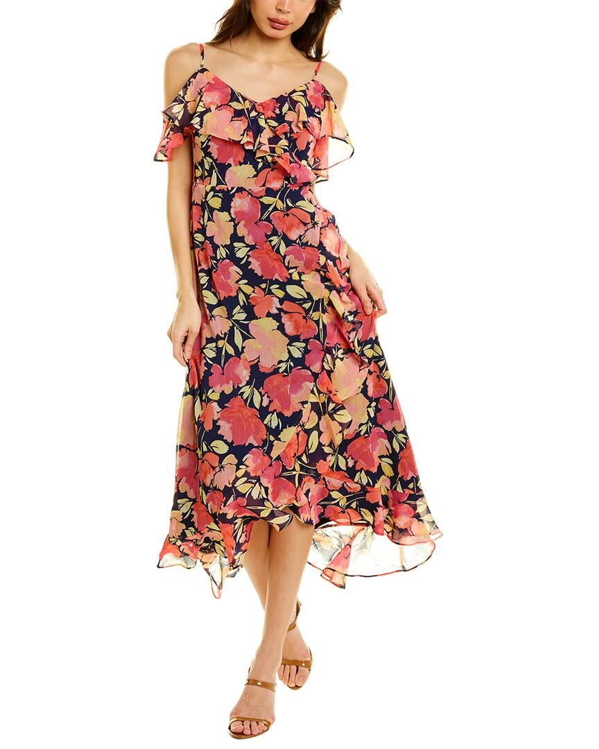 london times off the shoulder dress London Times 294276 Cold-Shoulder Ruffle Wrap Dress Navy/Pink Size 6