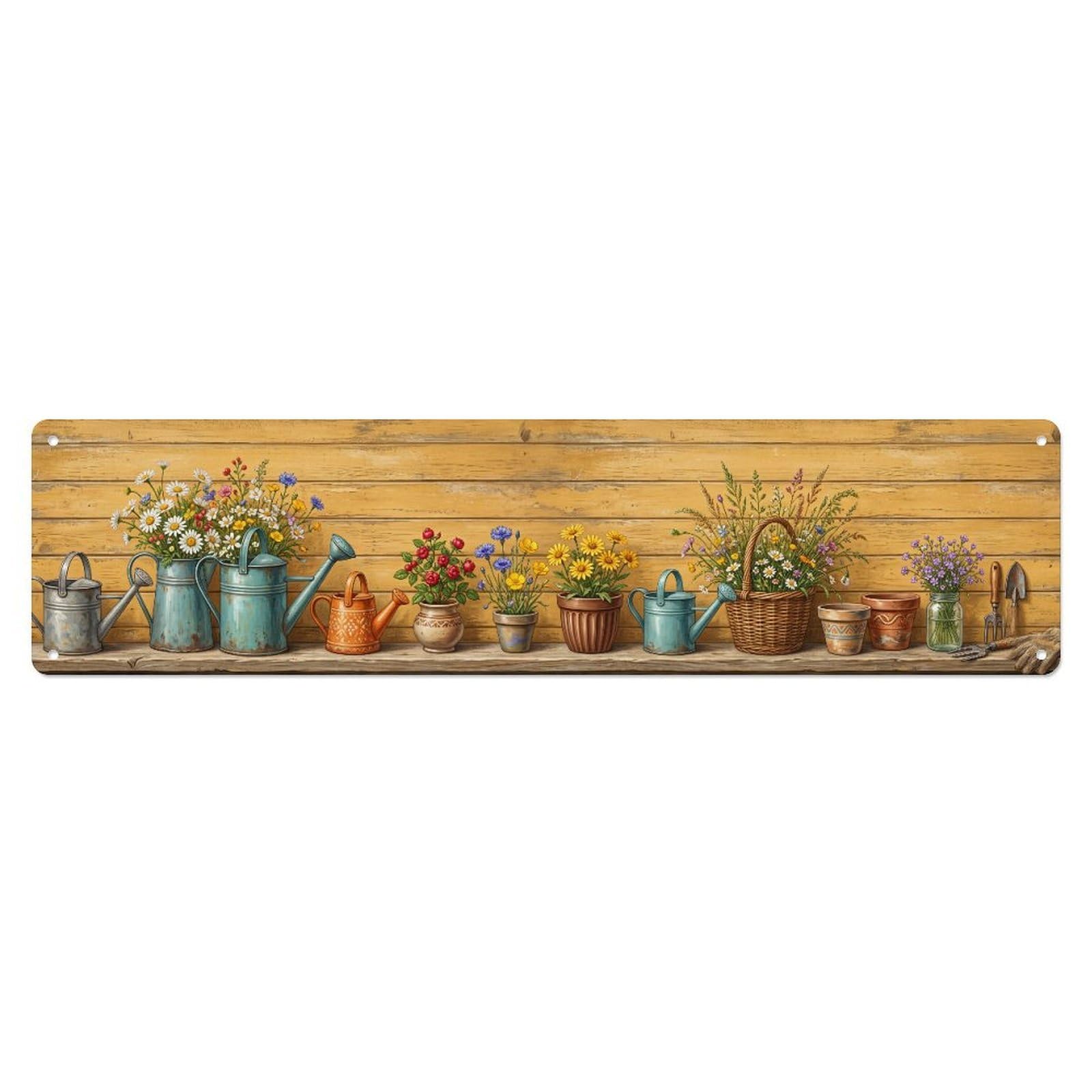 Fqnyr Style Metal Tin Sign Floral Garden Tools Wildflower Basket Pattern Print