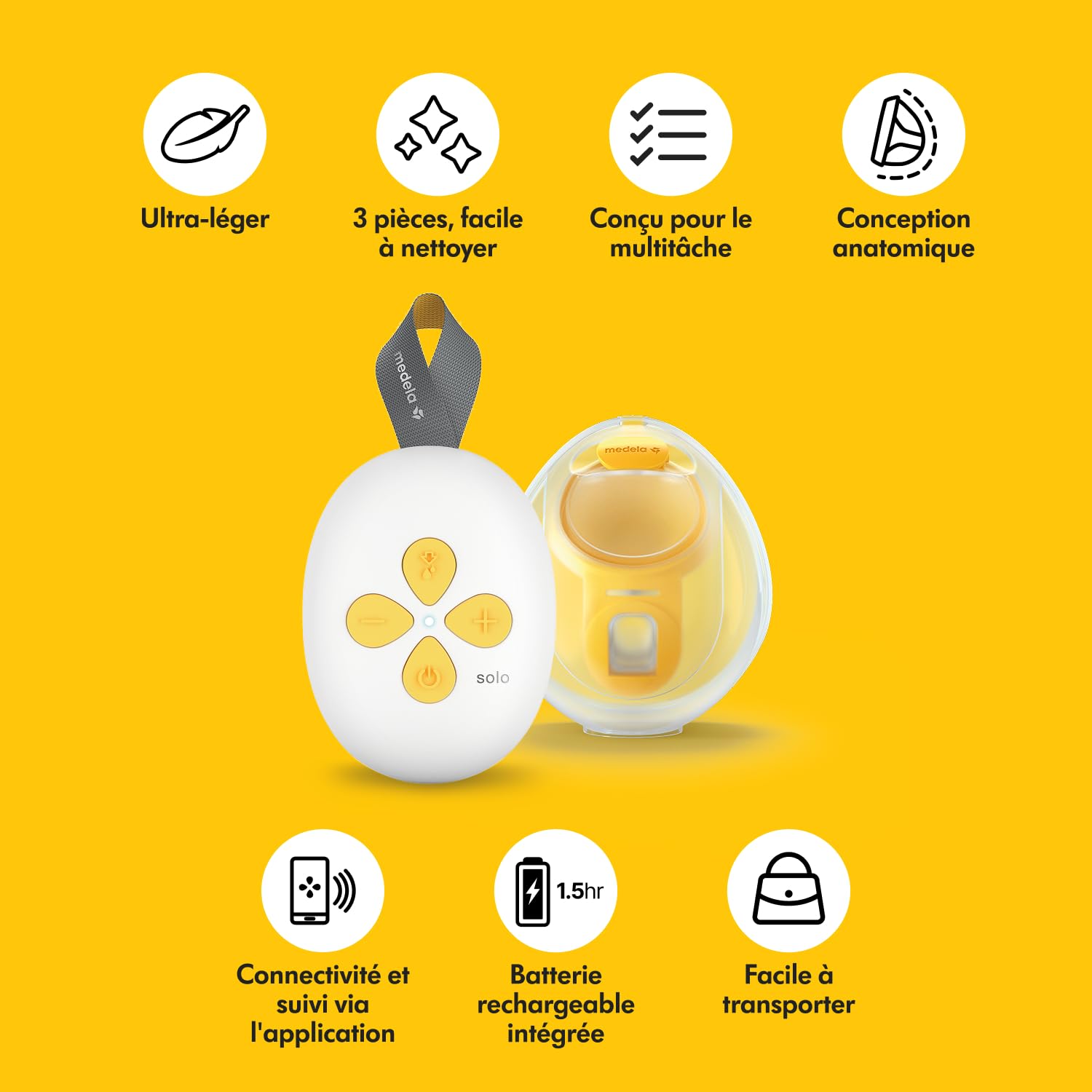 Medela Tire-lait électrique simple Solo Hands-Free, design léger et compact, compatible avec l'application Medela Family