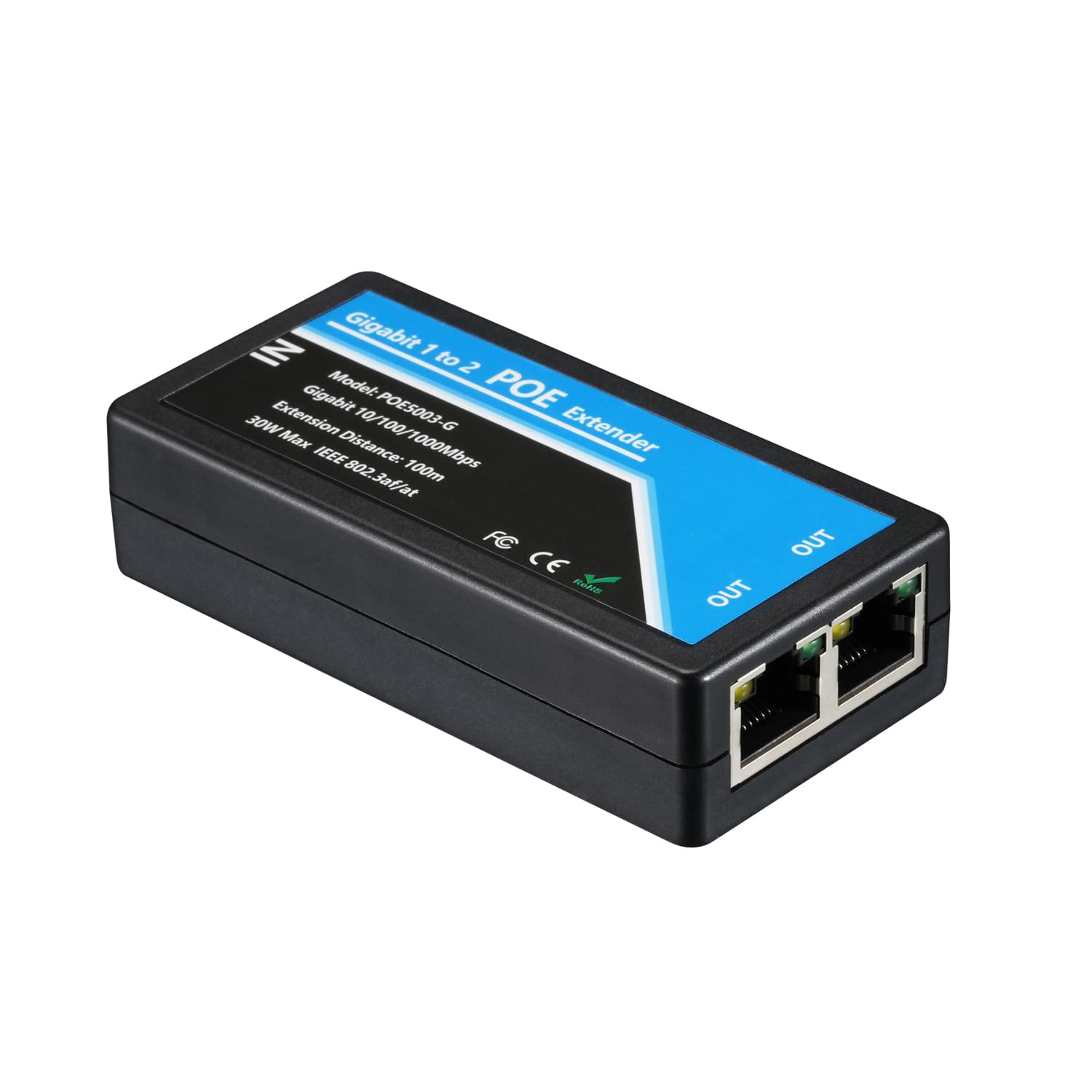 HANUTECH Gigabit PoE Extender, 1-in 2-Out, 1000Mbps, 100m Range, 30W Input, IEEE 802.3af/at, Plug and Play