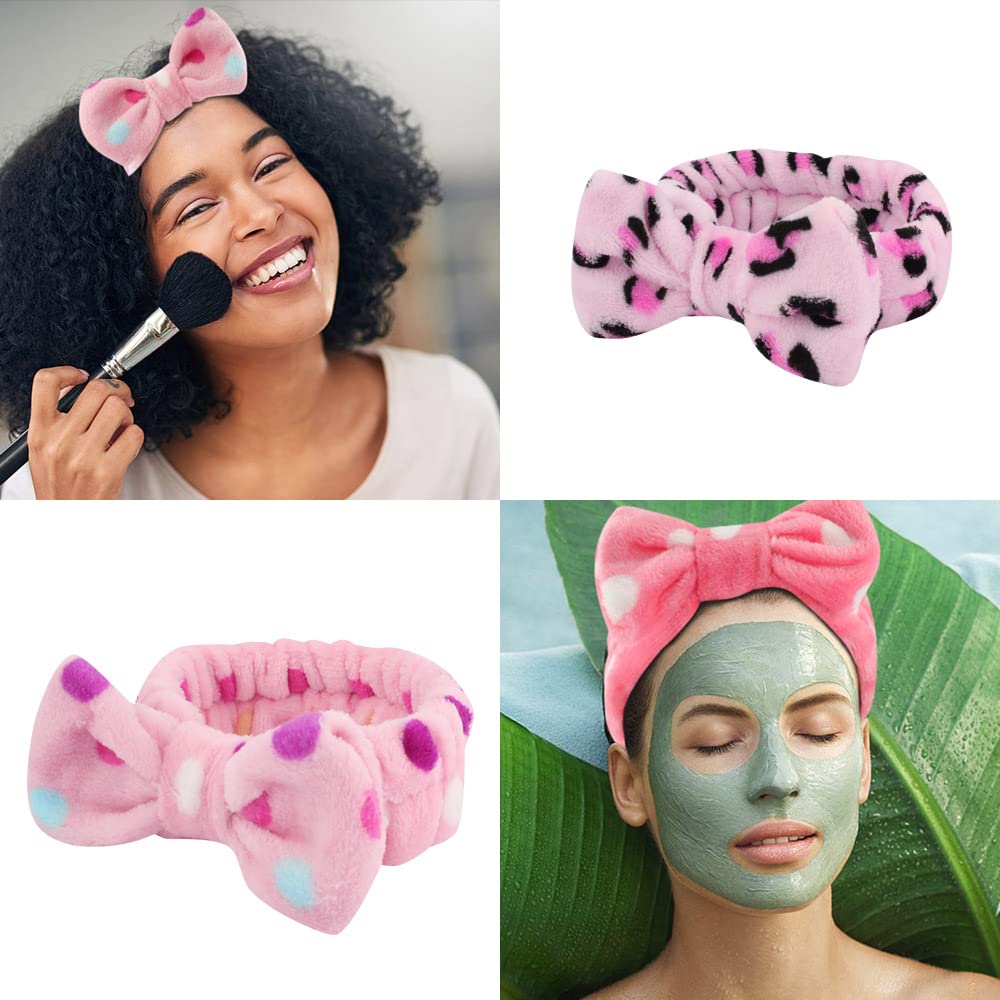 Paquete de 6 diademas de spa rosadas, diademas de maquillaje, diademas de microfibra con lazo de microfibra, diadema facial de rayas de leopardo, diadema facial suave y elástica para lavar la 6