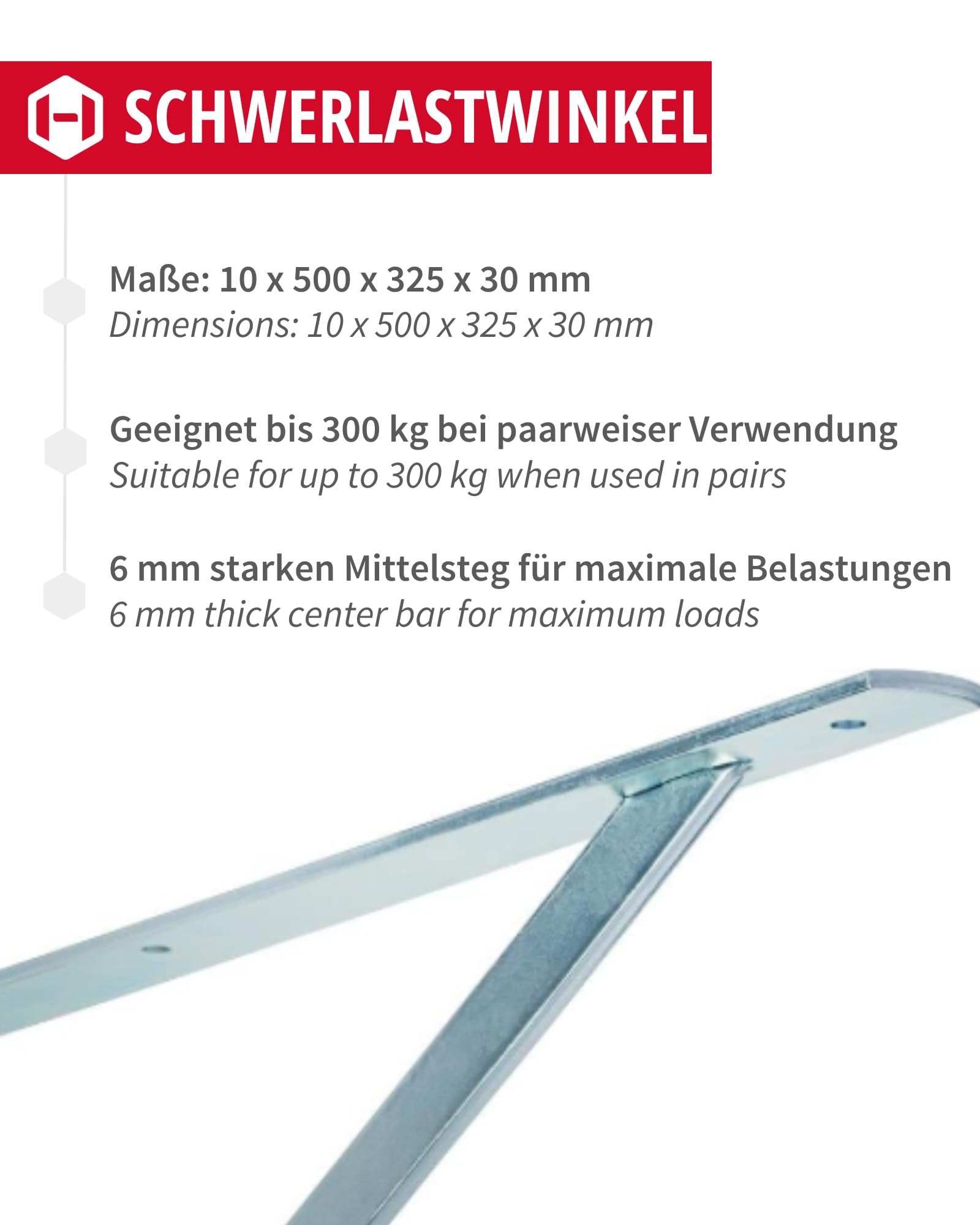 Schwerlastwinkel [ATHENA] 10 Stück Regalwinkel I Tiefe 500 mm I Schwerlastkonsole verzinkt, Grau I Wandhalterung Regal Tragkraft 300 kg I Winkel Metall massiv | Metallwinkel 90 grad