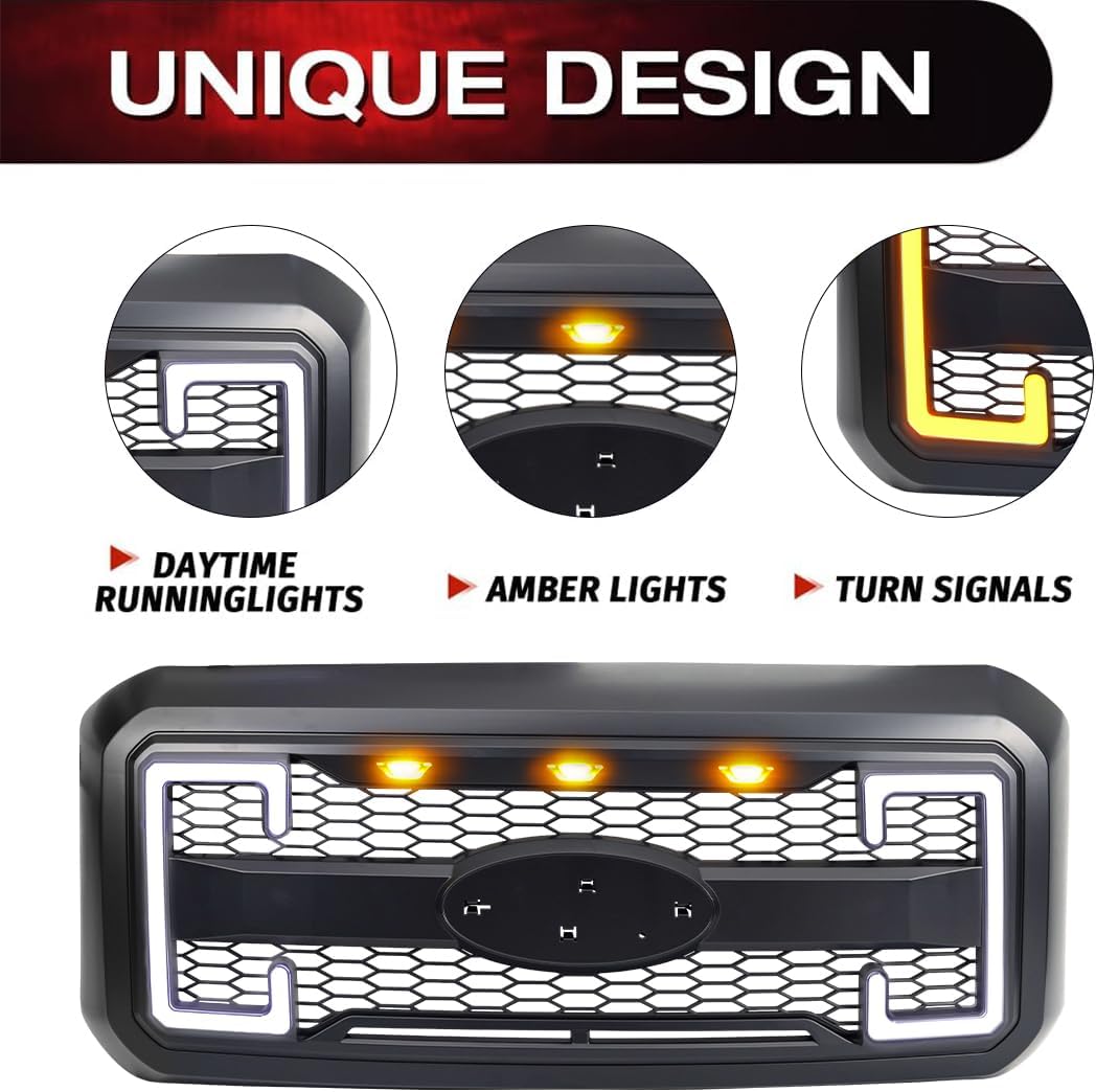 EOMD Front Bumper Grill Compatible with 2011-2016 F250 F350 F450 F550 Super Duty W/DRL & Turn Signal Lights Matte Black(Without Center Emblem)