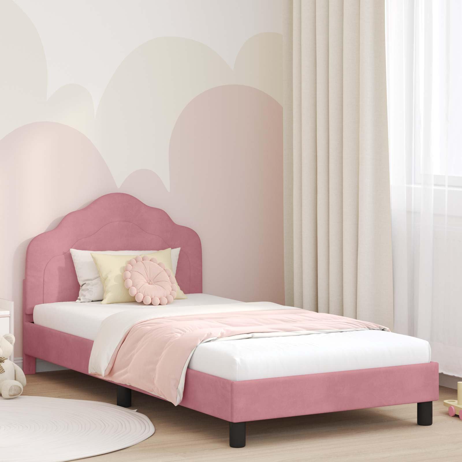 rama łóżka dziecięcego z zagłówkiem, różowa, 80 x 200 cm, aksamitna rama łóżka, stelaż listewkowy wraz z praktycznymi półkami, nowoczesny design do sypialni