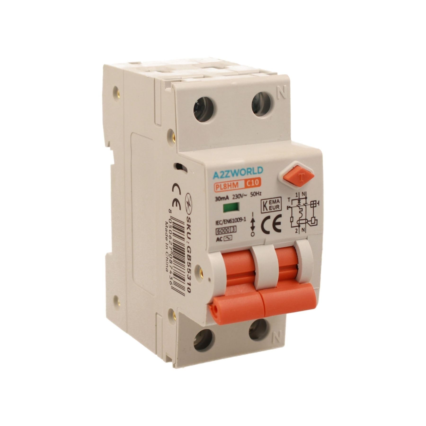 Interruptor magnetotérmico diferencial 30 mA 10 A C10, RCBO Tipo AC Curva C, 1P + N 6 kA 30 mA, 2 módulos DIN