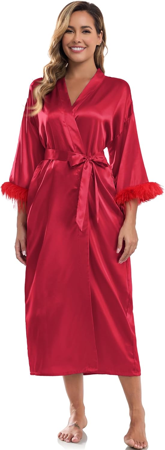 MissNina Women's Satin Kimono Robe with Feather Trim Silk Robes Bridesmaid Robes Bridal Party Sleepwear - Image 2