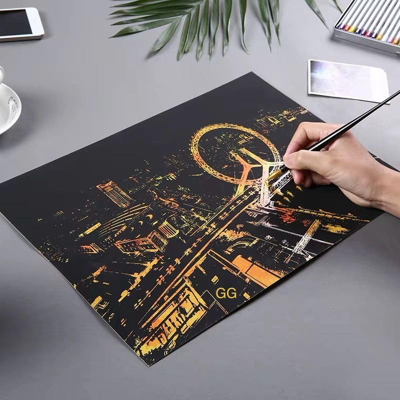 Prisma Collections Scratch Art Paper with Bright Colours City Night Scene | Scratch & Reveal, Vibrant Colours, City Skyline Design, Creative Art Activity, Black Coated Paper-image-33