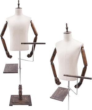 Male Mannequin Torso Dress Form, Detachable Arms Sewing Dress Model M-annequin, Mannequin Display with Solid Stand, 4.43-5.91FT Height Adjustable, with Detachable Shoe Holder & Pants Rack, White