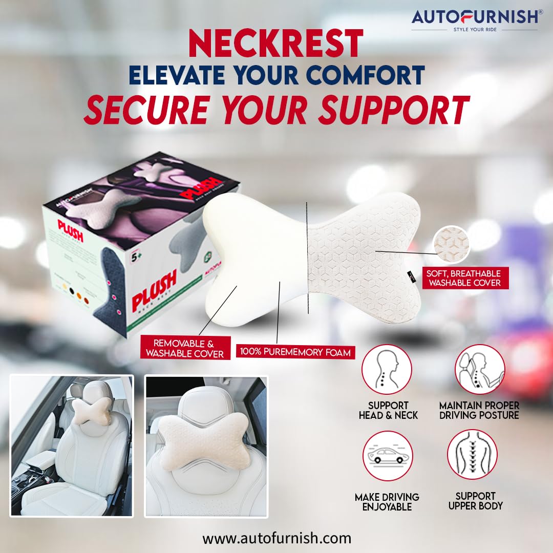 AutoFurnish Plush Car Neck Rest Pillow | Ultrasoft Memory Foam Pillow for Comfortable Car Rides | Superior Neck Support Cushion | Relieves Neck Pain & Improves Posture | Washable Velvet Cover | 4