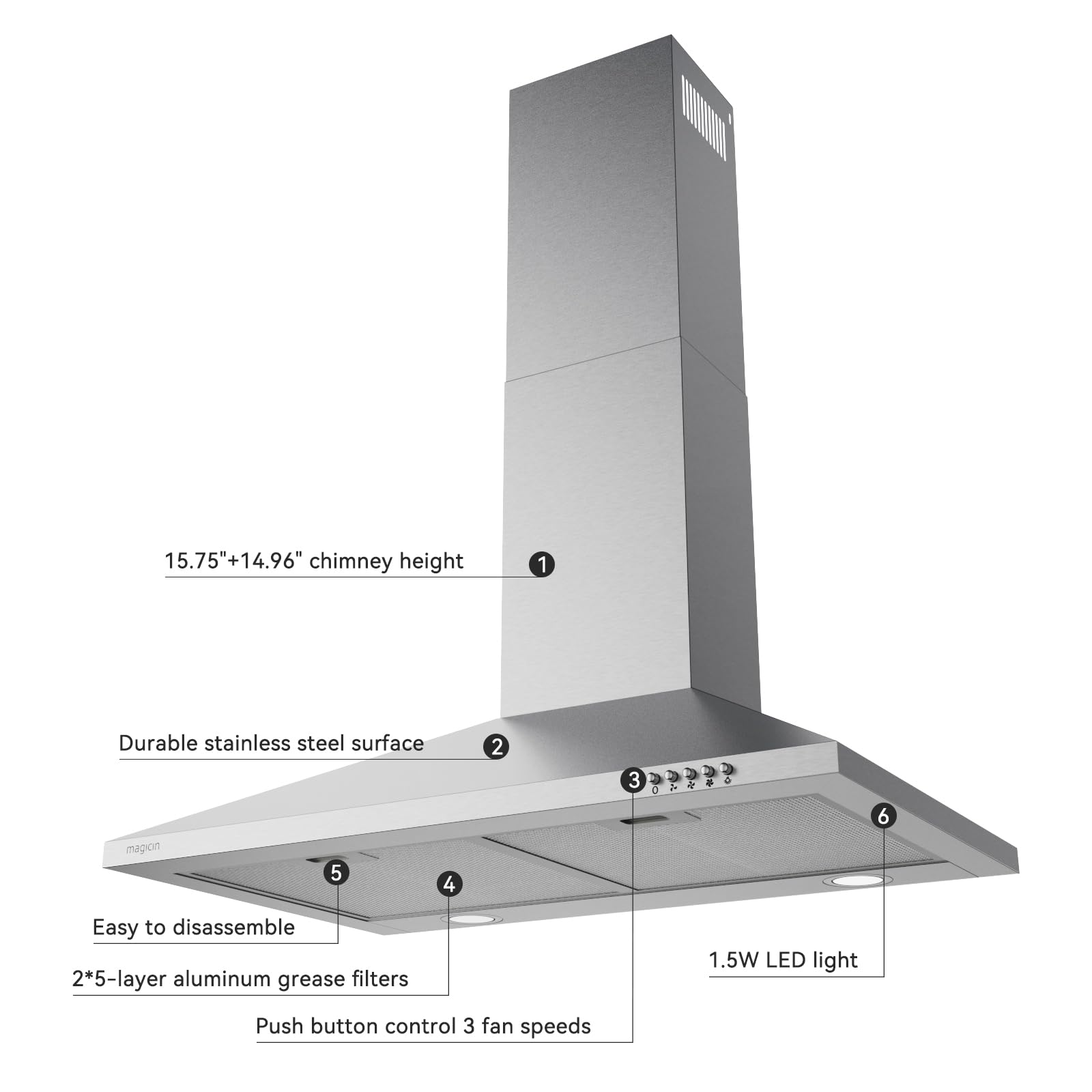 Wall Mount Range Hood 30 inch Stainless Steel, Ducted/Ductless Convertible Stove Vent Hood for Kitchen with LED Light,380CFM,3 Speed Exhaust Fan,Charcoal Filter - 4