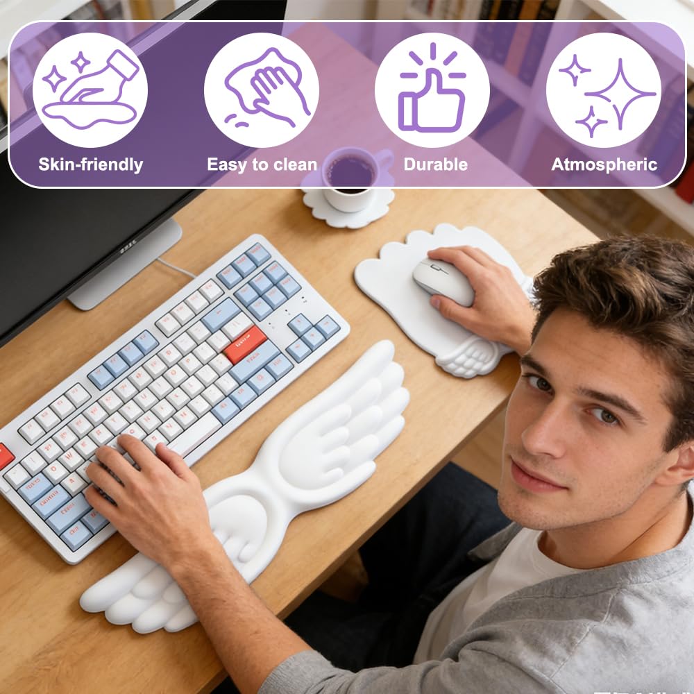 NAVESO Angel Tastatur Handgelenkauflage Set, 43 * 10cm Handballenauflage Tastatur mit Maus und Untersetzer, Mousepad mit Handauflage, 3-in-1 Wasserdicht Handauflage Set für Spiele Büro, Memory Foam