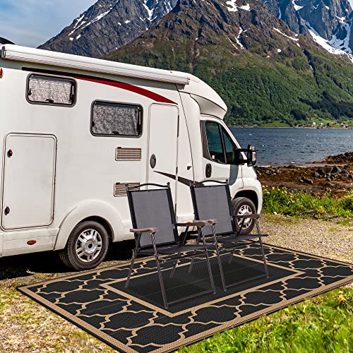 Genimo 5'X8' Outdoor Rug For Patio, Reversible Plastic Waterproof Rv Rugs, Clearance Large Mat, Porch, Camping, Picnic, Deck, Camper, Balcony, Black & Brown #TOP5