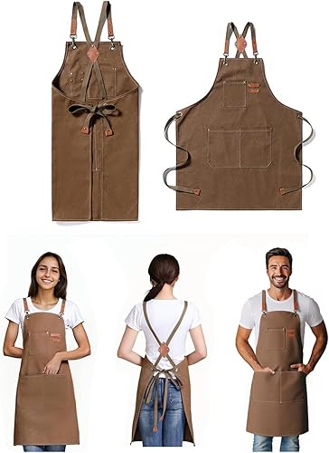 Miniatura 2 de Delantales de chef para mujeres y hombres con bolsillos grandes, delantal de trabajo repelente al agua de lona de algodón, talla M a XXL