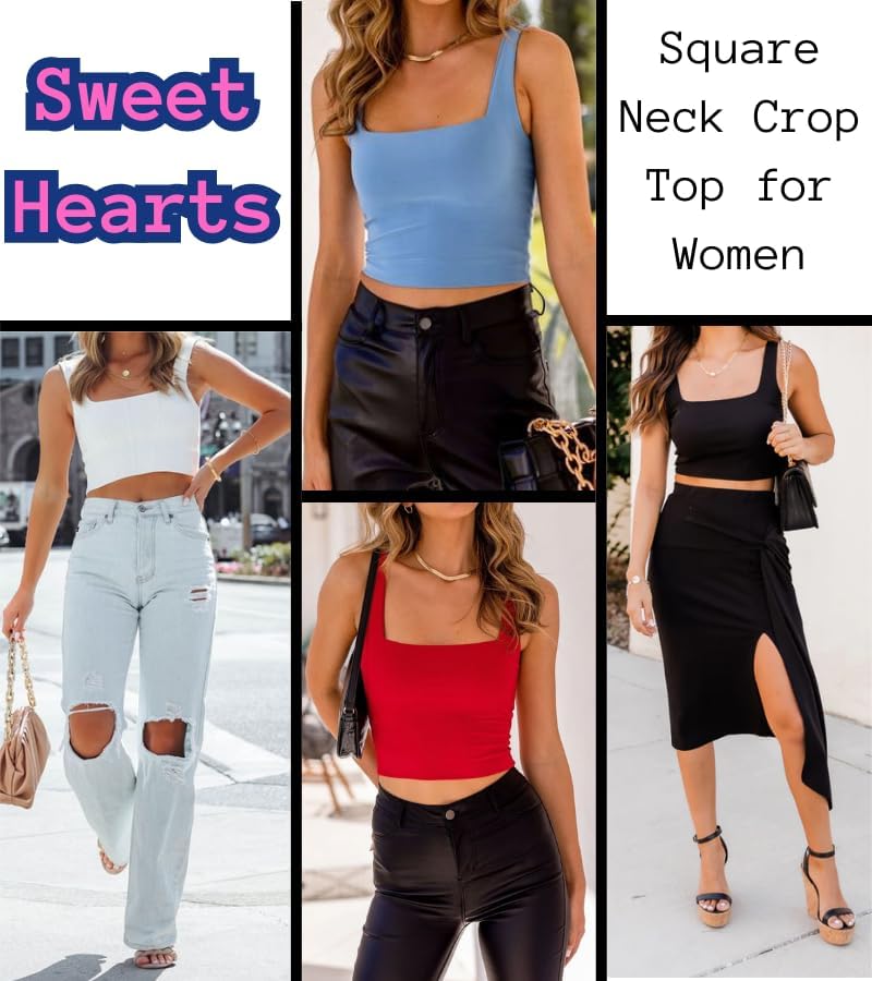 Sweet Hearts Crop Top for Women- Sleeveless Double Layer Square Neck Tank Workout Fitness Casual Basic Tank Top Made in USA - Image 4