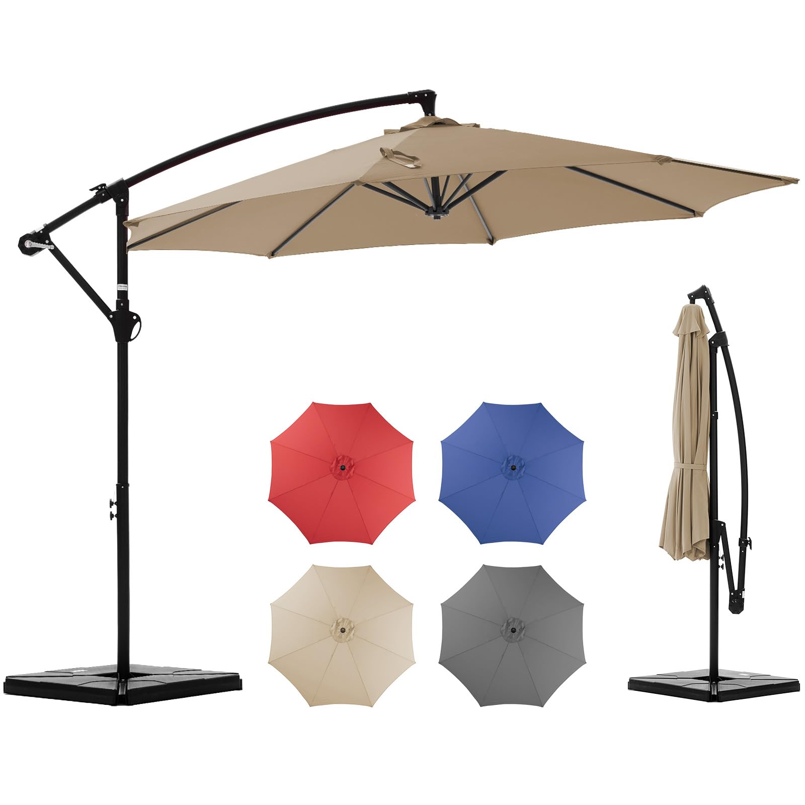 9.7FT Offset Patio Umbrella with Base, Cantilever Table Umbrellas for Outdoor Sun Shade UV Protection with Easy Tilt Adjustment, 8 Ribs for Backyard, Lawn, Garden, Pool - Khaki