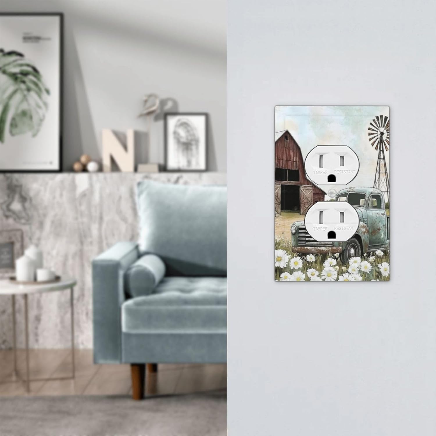 Retro Trucks Old Barn Windmill Teal Car Rustic Outlet Covers 1 Gang Duplex Light Switch Cover Decorative Switch Plates Electrical Receptacle Faceplate Wall Plate for Farmhouse Home Decor