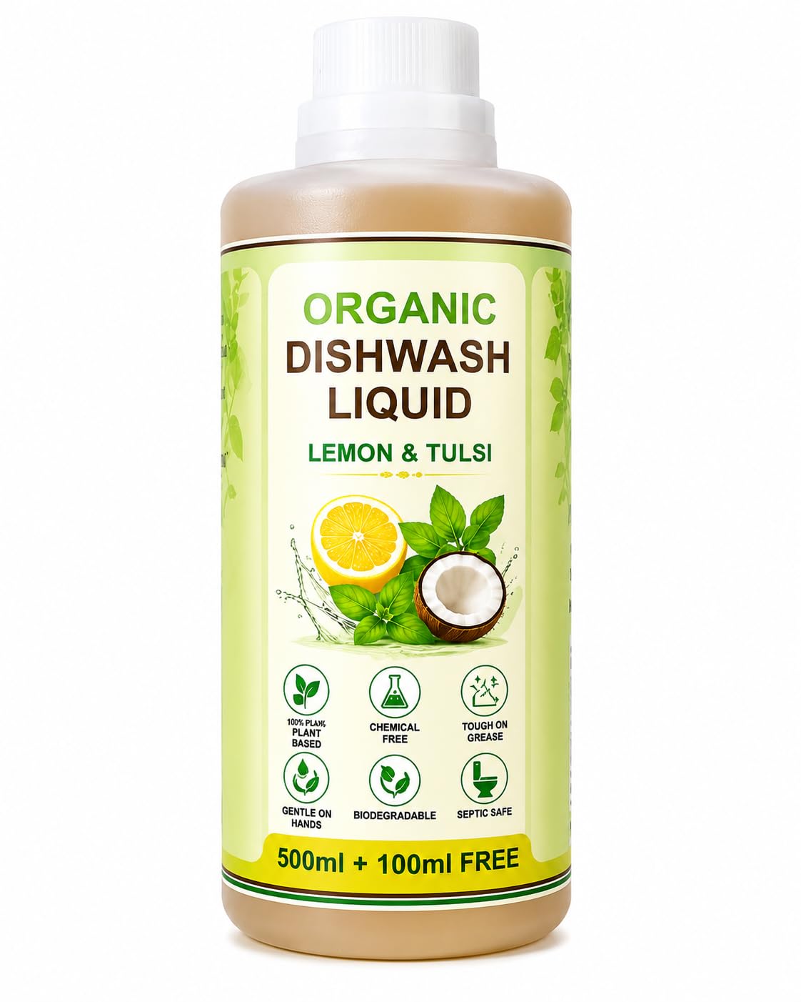 Rainbow Brand Organic Dishwash Liquid | Lemon, Tulsi, Coconut | 500ml+100ml Free | 100% Plant-Based & Chemical Free | Tough on Grease & Oil | Gentle on Hands | Biodegradable Kitchen Dishwash Liquid-image-19