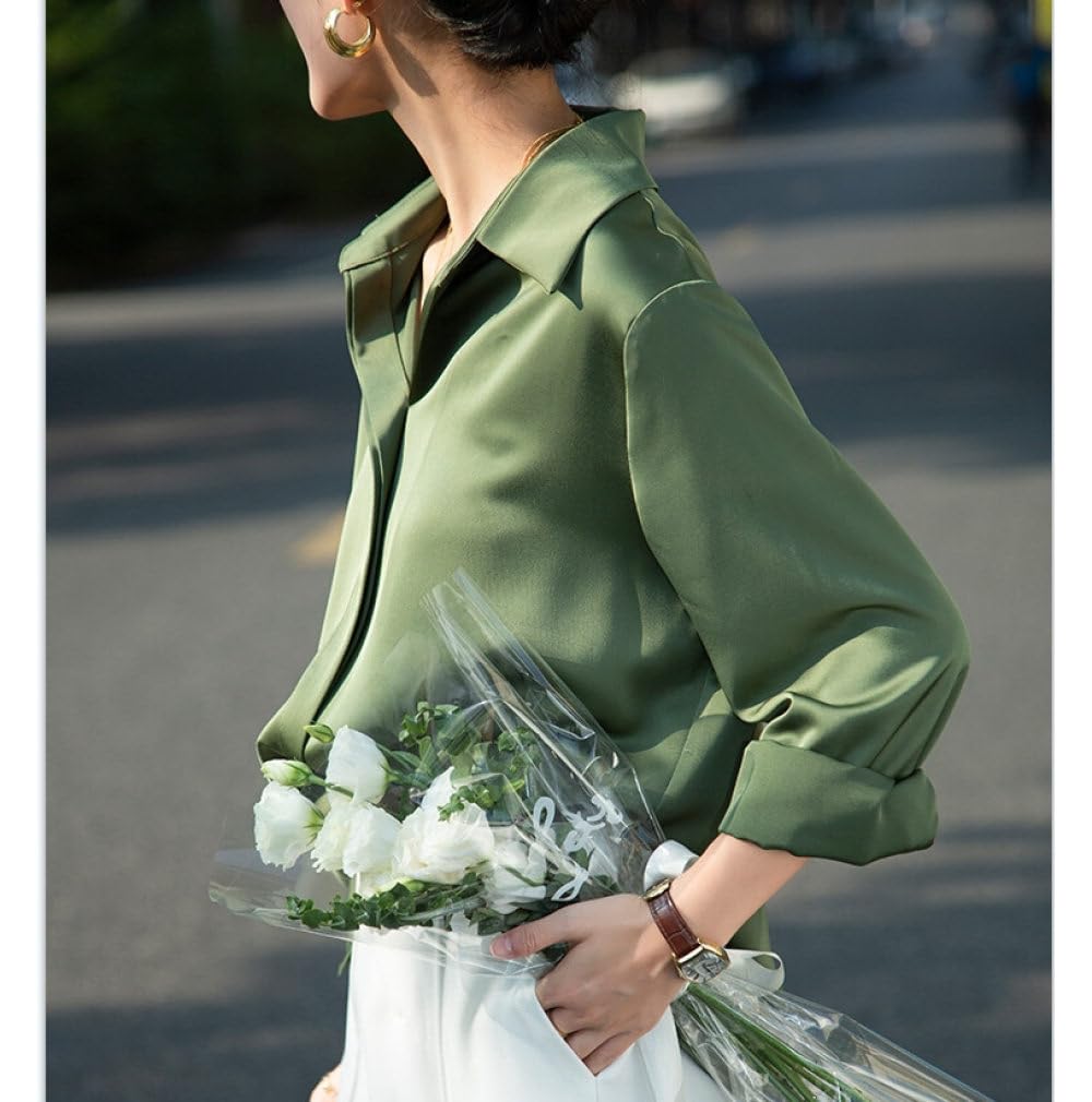 Bluse Damen Langarm,Damenbluse Aus Seidigem Satin, Langärmelige Hemden, Grünes, Einfarbiges Hemd Mit Revers Und Seitenschlitzen, Leichte Jacke, Elegantes, Lässiges Cardigan-Arbeitshemd