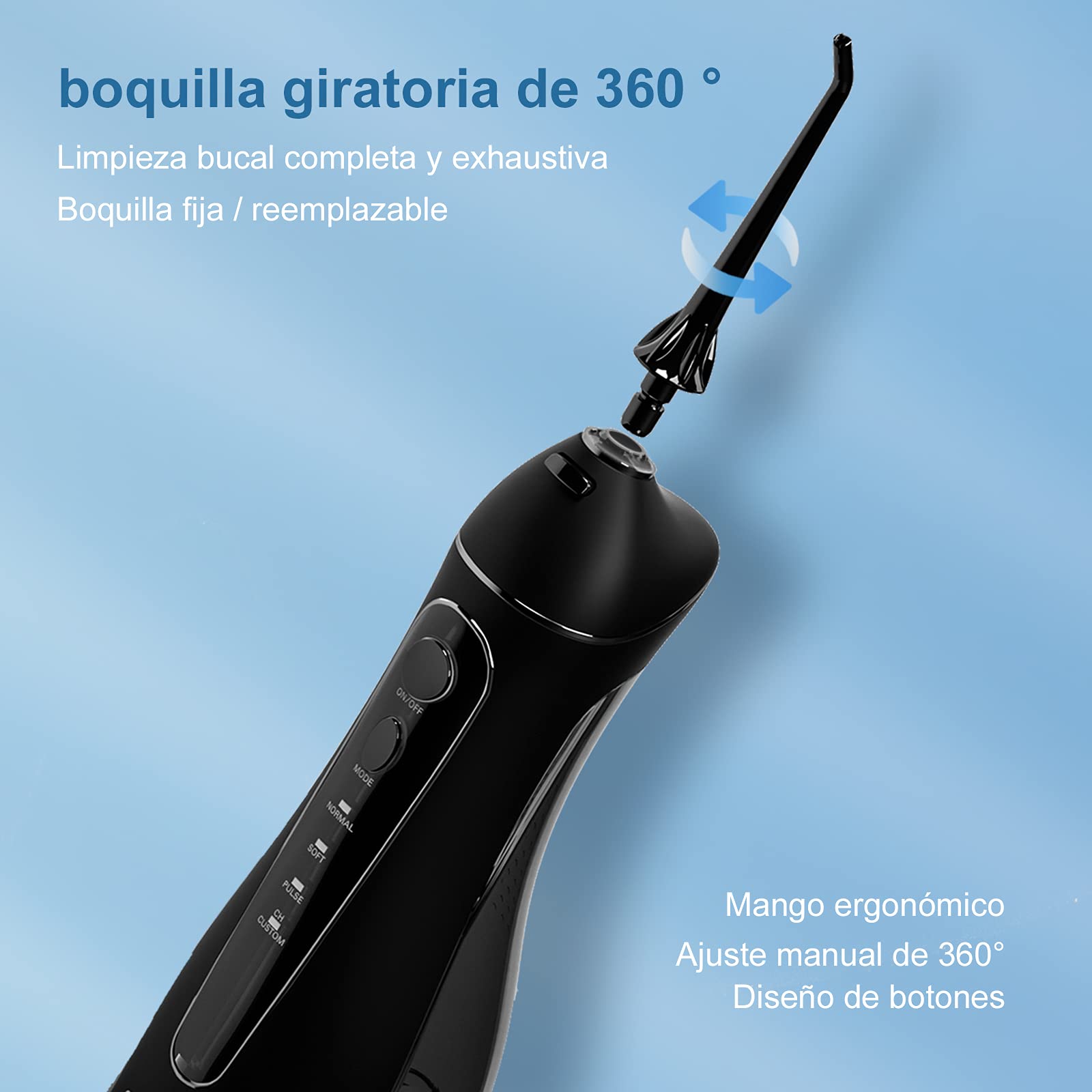 Irrigador Bucal Portatil Profesional - Irrigador Dental con 5 Boquillas 4 Modos, IPX7 Impermeable Limpieza Dientes, USB Recargable para Limpieza Dental, Irrigadores bucales Electrico Negro