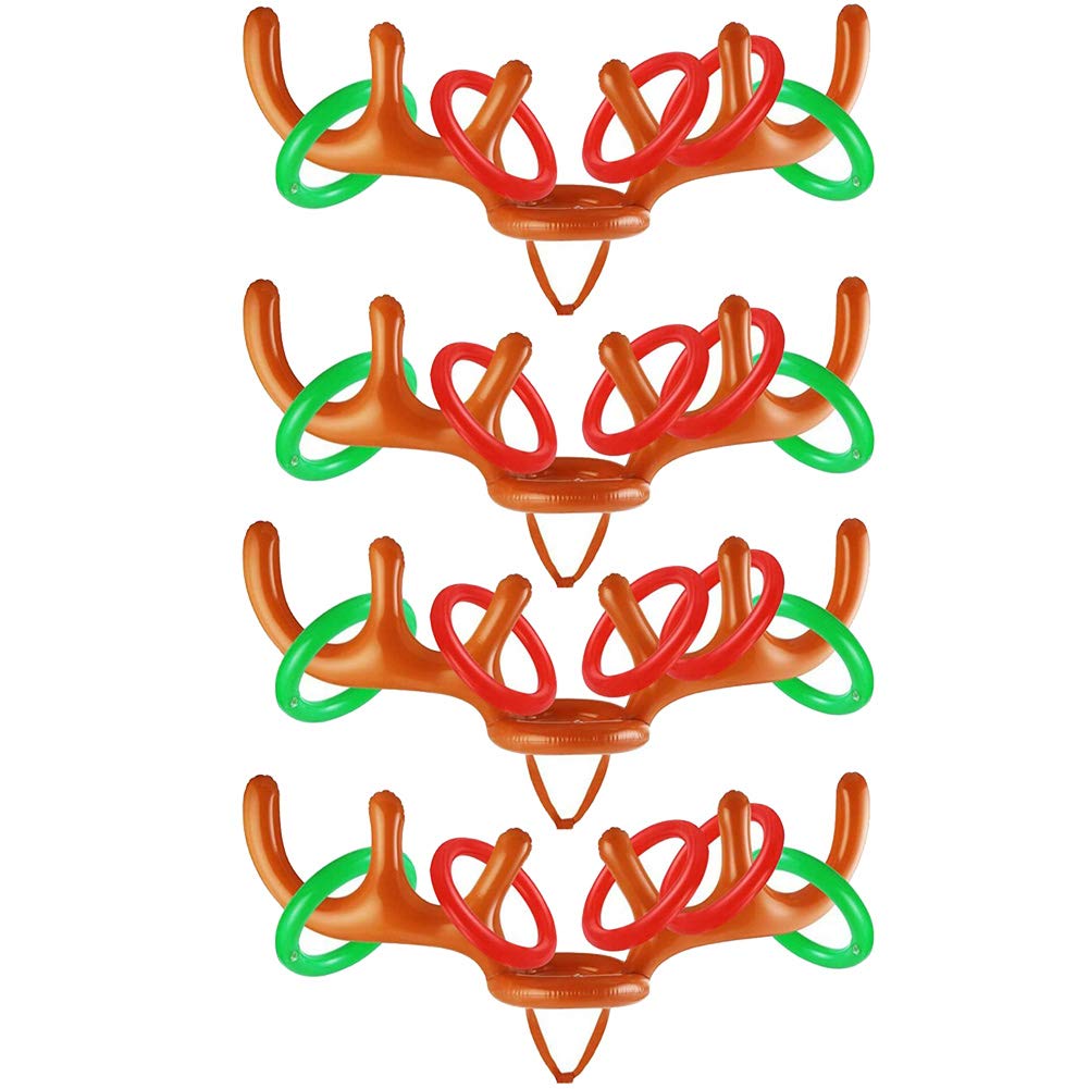 MEISEN 4 Pack Inflatable Reindeer Antlers Ring Hook Game, Christmas Party Antler Hat Games for Kids Adults Family Indoor Outdoor Carnival Xmas Games (4 Antlers 16 Rings)