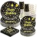 Rorchio 120pcs Partygeschirr Geburtstag Schwarz Gold Mädchen Party Einweggeschirr Teller Hochzeit Papier Geschirr Pappbecher Serviette Stroh Cocktailhalme Strohhalme Schwarz, 24 Gäste