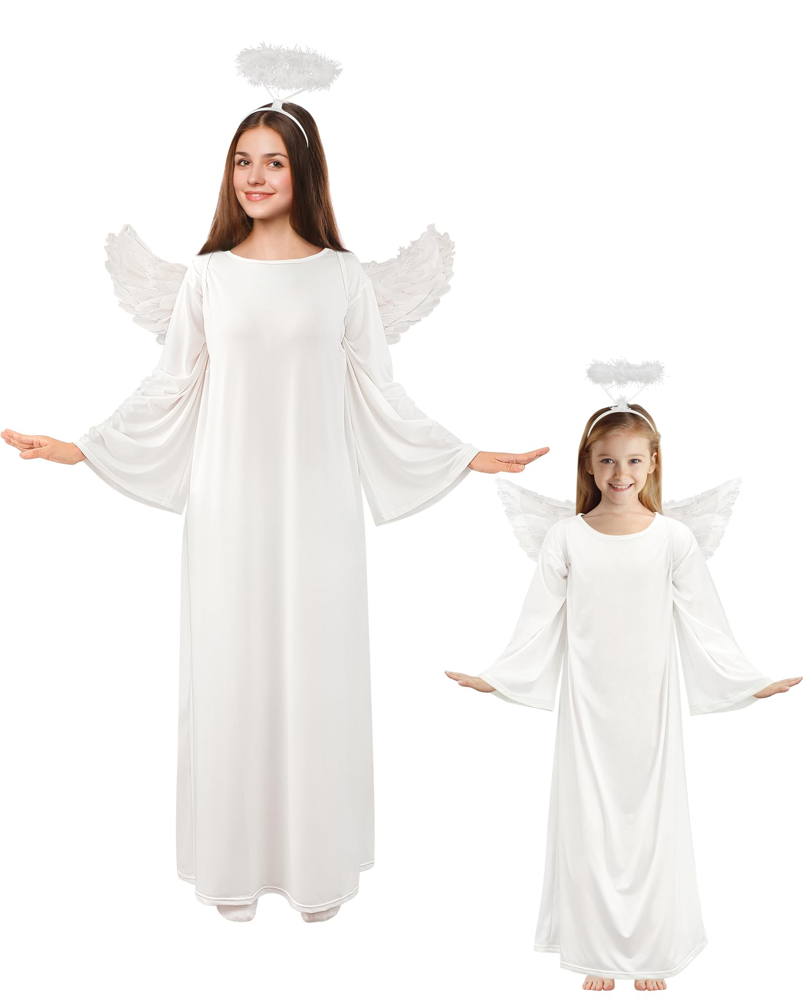 Toulite Engelskostüm für Damen und Mädchen, weißes Engelskleid mit Stirnband, weißer Flügel, Krippen-Kostüm für Weihnachten, 2 Größen
